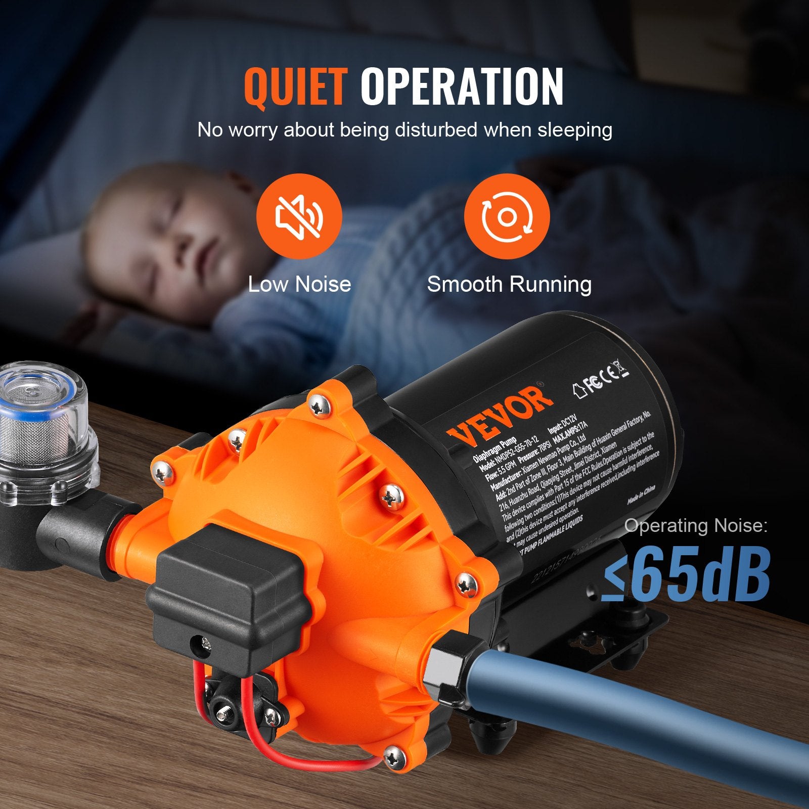 VEVOR Water Diaphragm Pump, 20.8 LPM Flow, 4.8 bar Rated Pressure (2.8-6.9 bar Adjustable), 12.7 mm MNPT Self Priming Sprayer Pump with Pressure Switch for RV Camper Marine Boat Lawn, FCC Certified 5