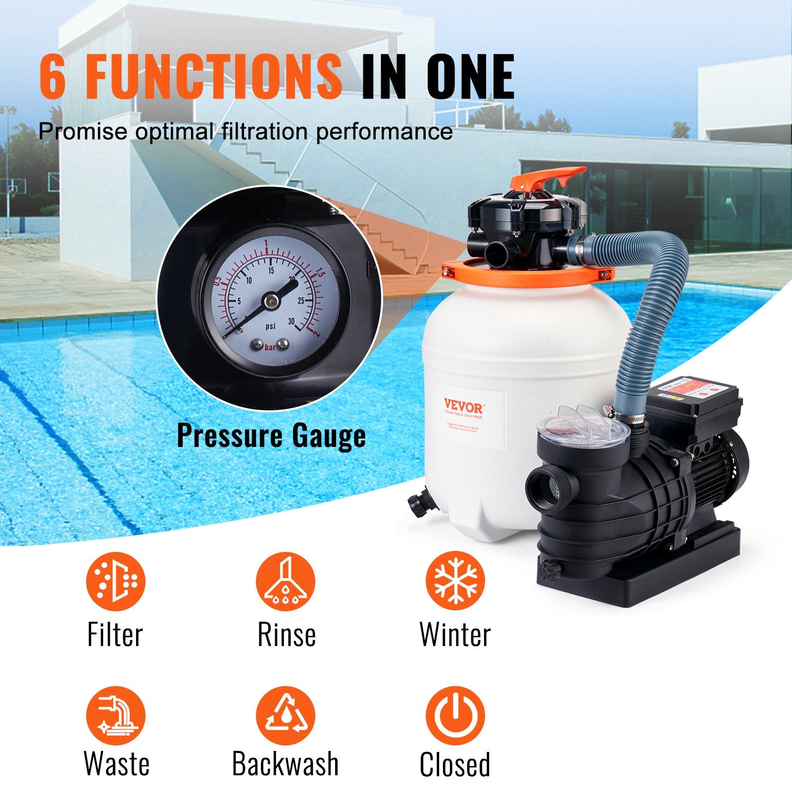 VEVOR Sand Filter Above Ground with 285W Pool Pump 10,000 L/H Flow 6-Way Valve 4