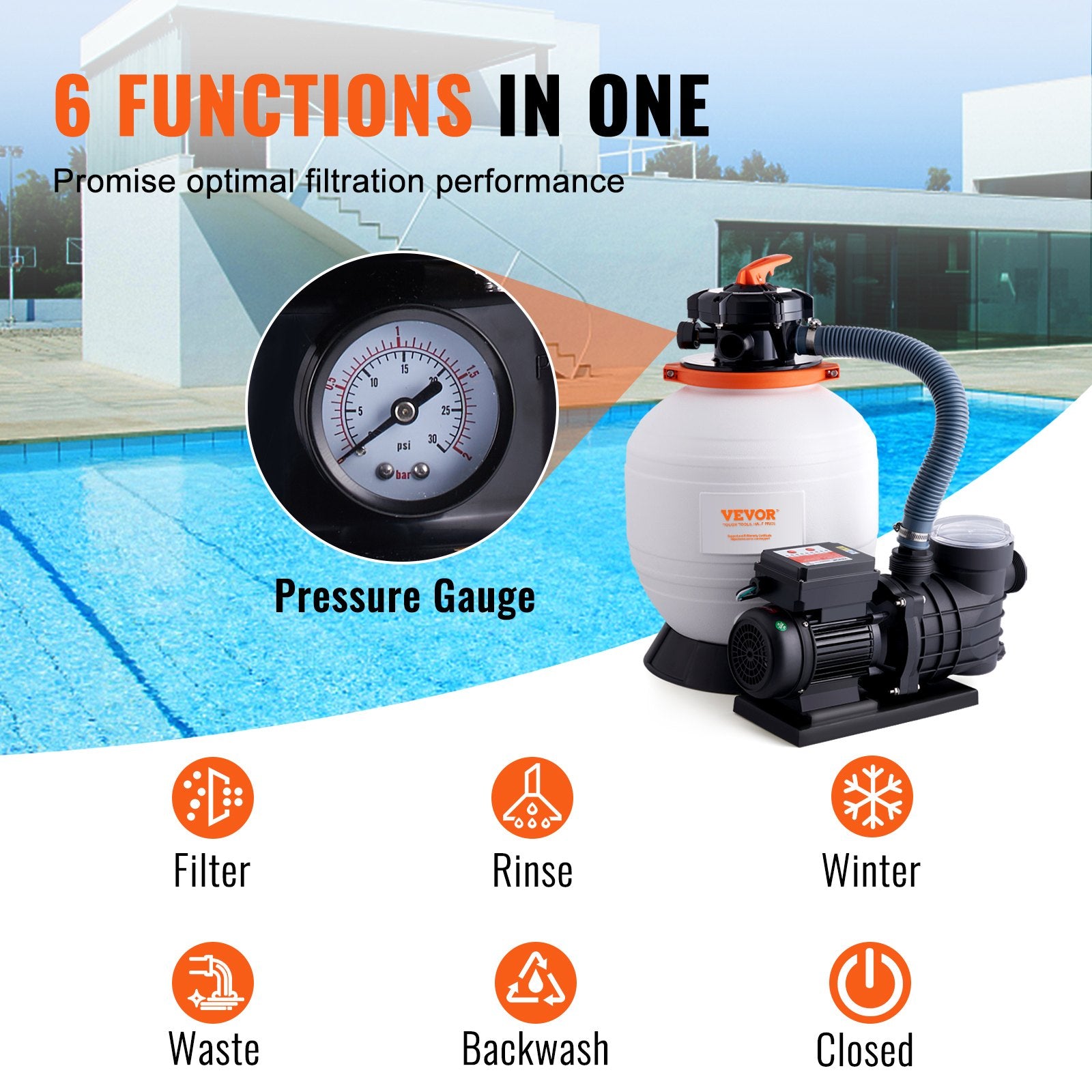 VEVOR Sand Filter Above Ground with 450W Pool Pump 13,000 L/H Flow 6-Way Valve 4