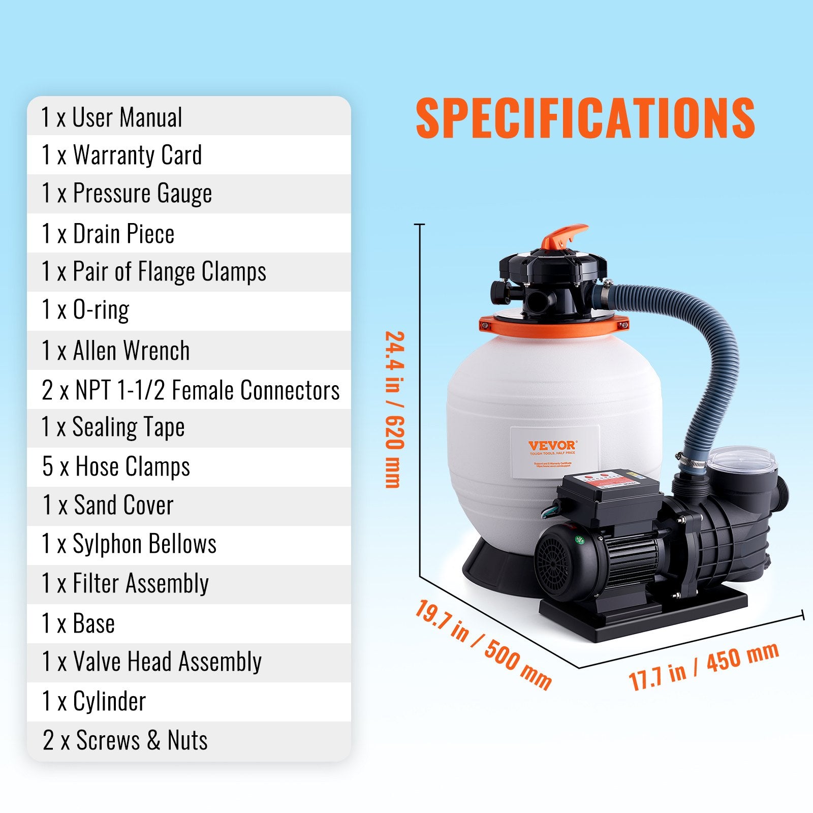 VEVOR Sand Filter Above Ground with 450W Pool Pump 13,000 L/H Flow 6-Way Valve 6