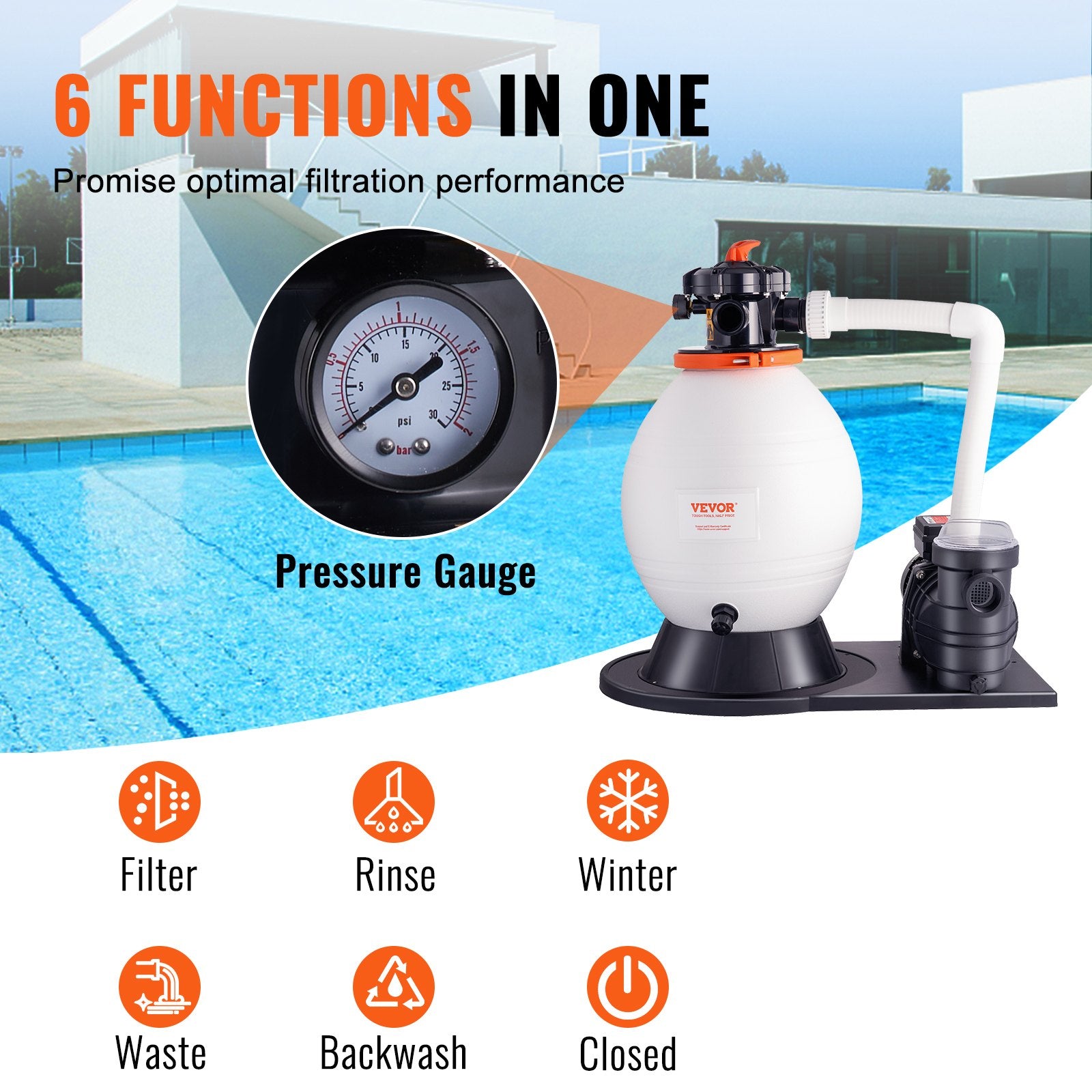 VEVOR Sand Filter Above Ground with 850W Pool Pump 18,000 L/H Flow 6-Way Valve 4