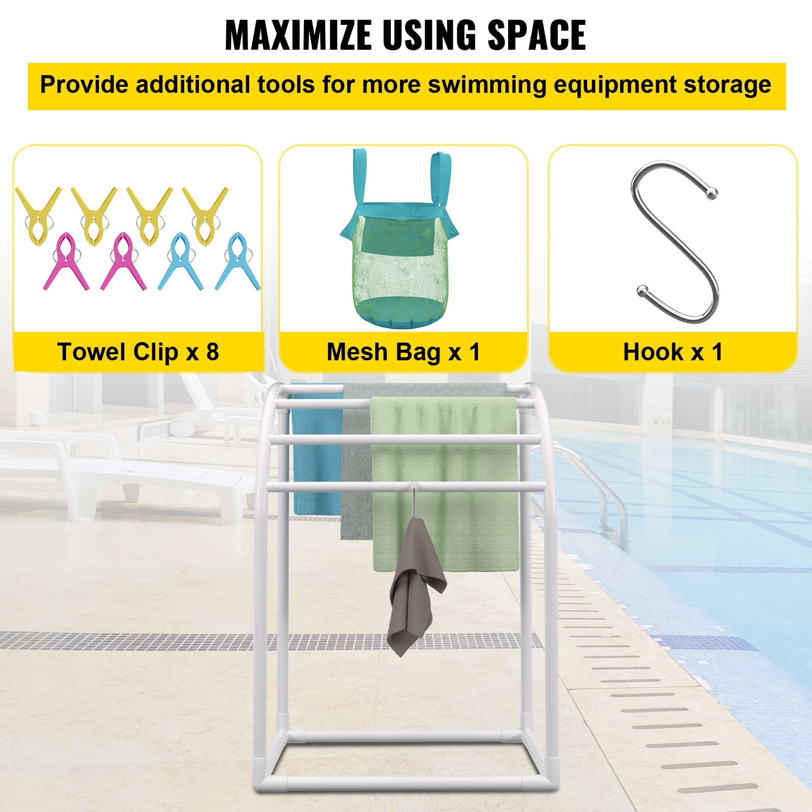 VEVOR Pool Towel Rack, 5 Bar, Milky, Freestanding Outdoor PVC Curved Poolside Storage Organizer, Include 8 Towel Clips, Mesh Bag, Hook, Also Stores Floats and Paddles, for Beach, Swimming Pool, Home 5