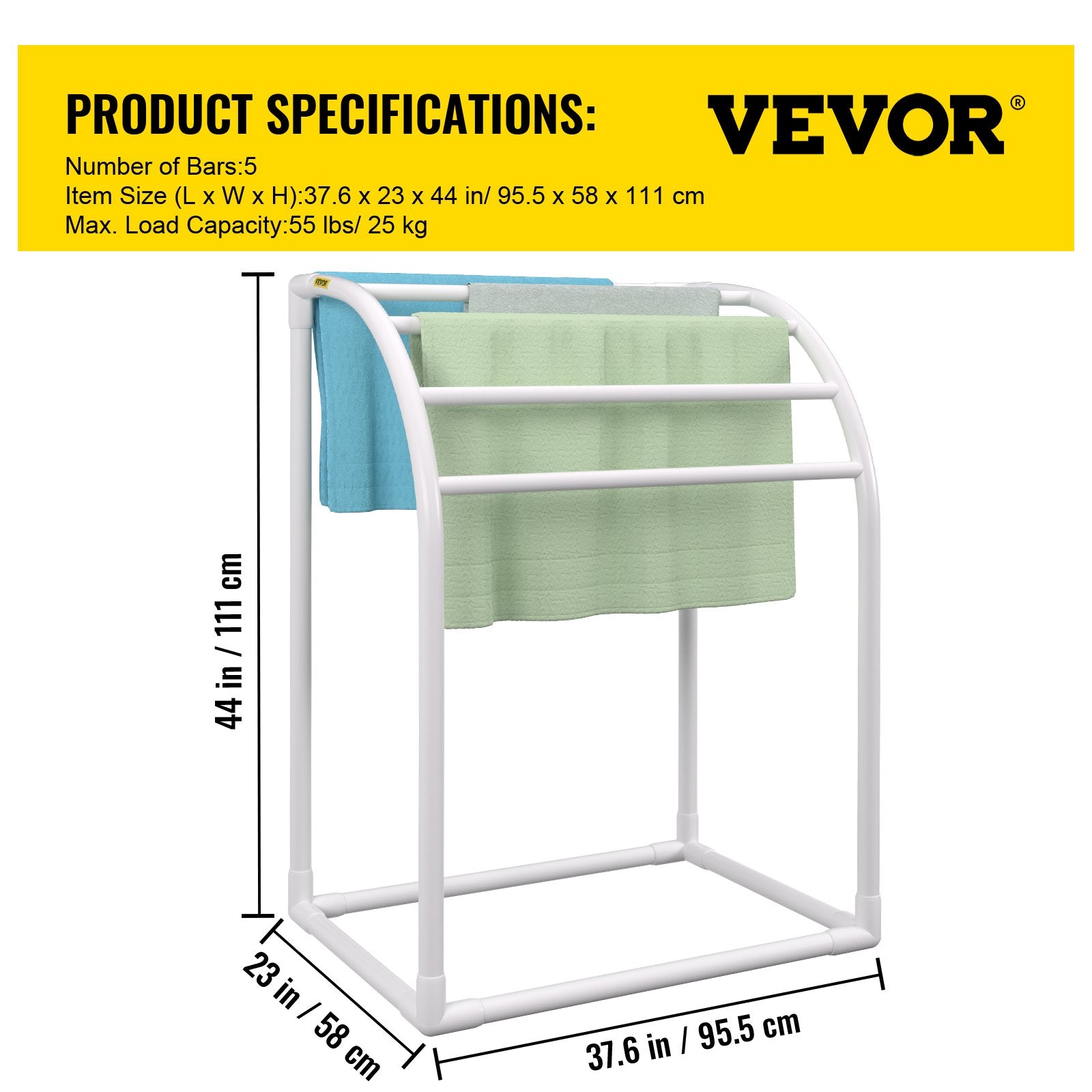 VEVOR Pool Towel Rack, 5 Bar, Milky, Freestanding Outdoor PVC Curved Poolside Storage Organizer, Include 8 Towel Clips, Mesh Bag, Hook, Also Stores Floats and Paddles, for Beach, Swimming Pool, Home 7