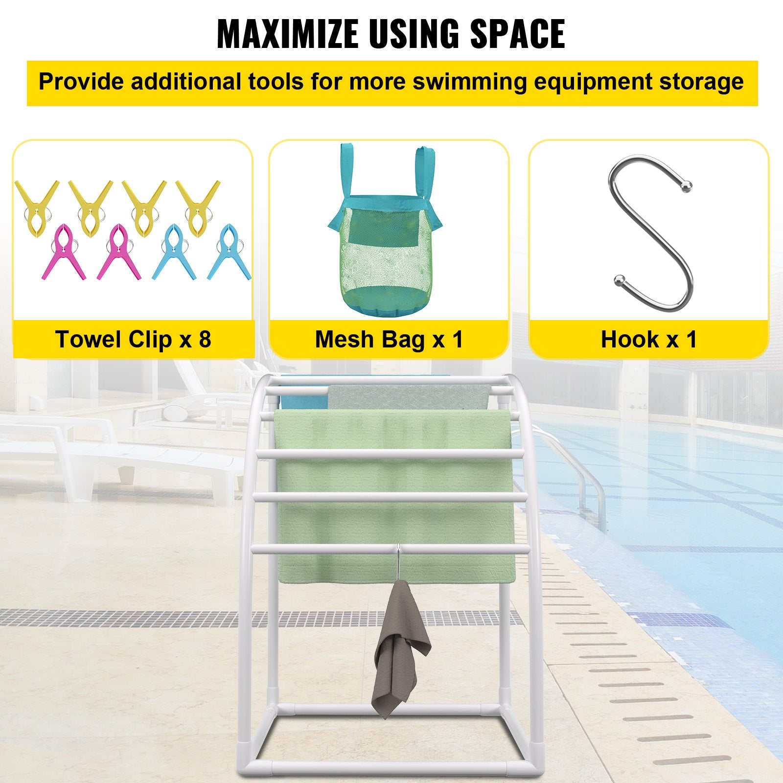 VEVOR Outdoor Towel Rack Pool Towel Rack 7 Bar Curved White Freestanding Patio 5