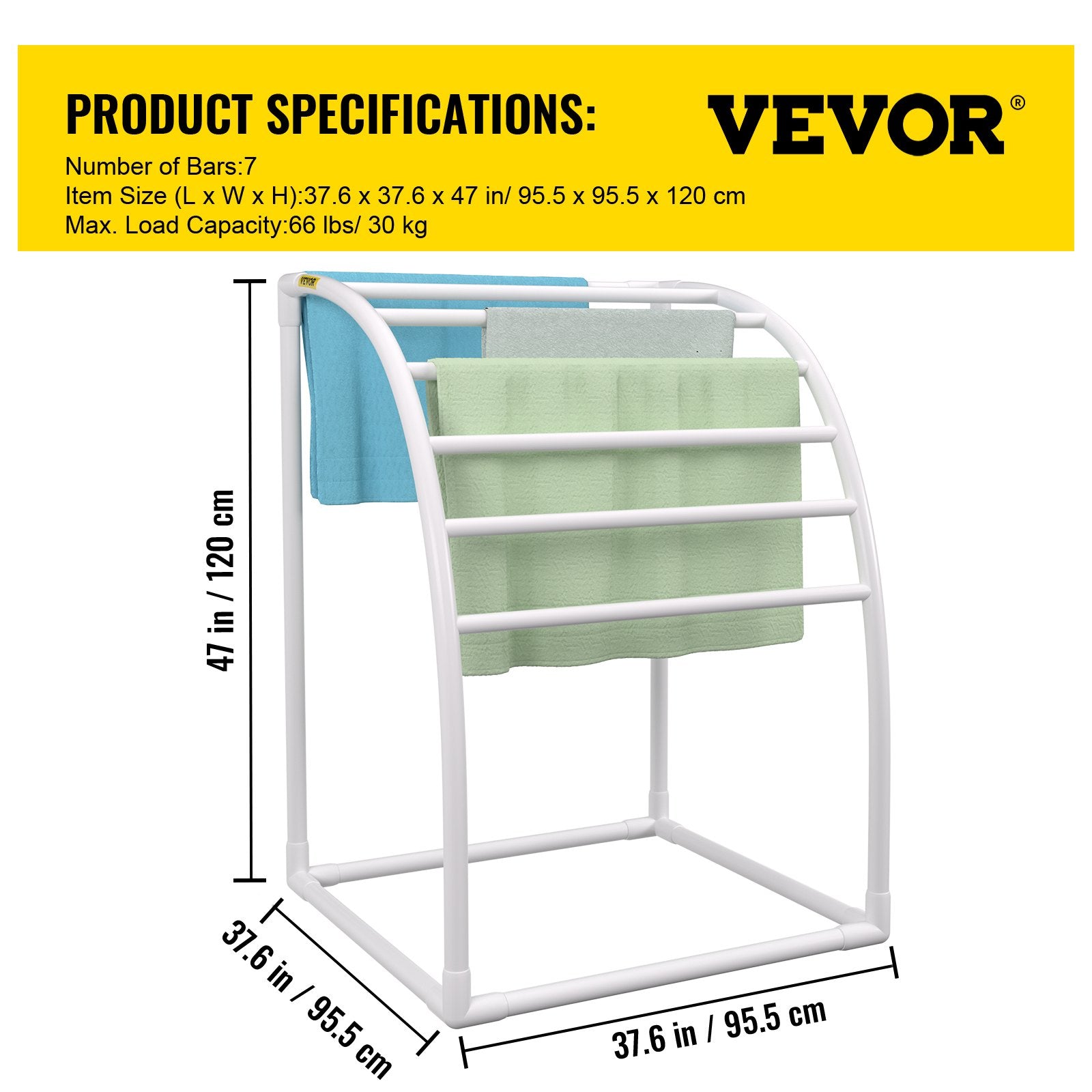 VEVOR Outdoor Towel Rack Pool Towel Rack 7 Bar Curved White Freestanding Patio 7