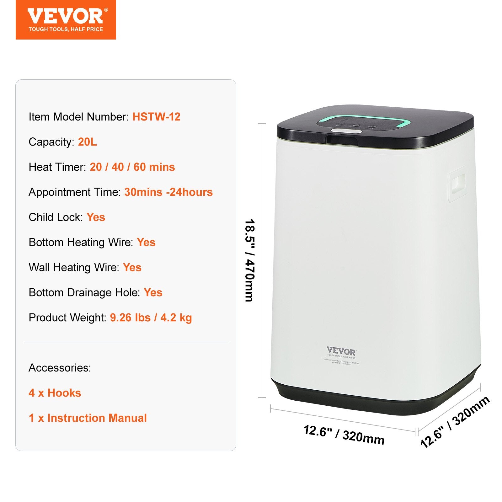 VEVOR 20L Large Towel Warmer Bucket with LED Screen U-shaped Light & Timer White 7