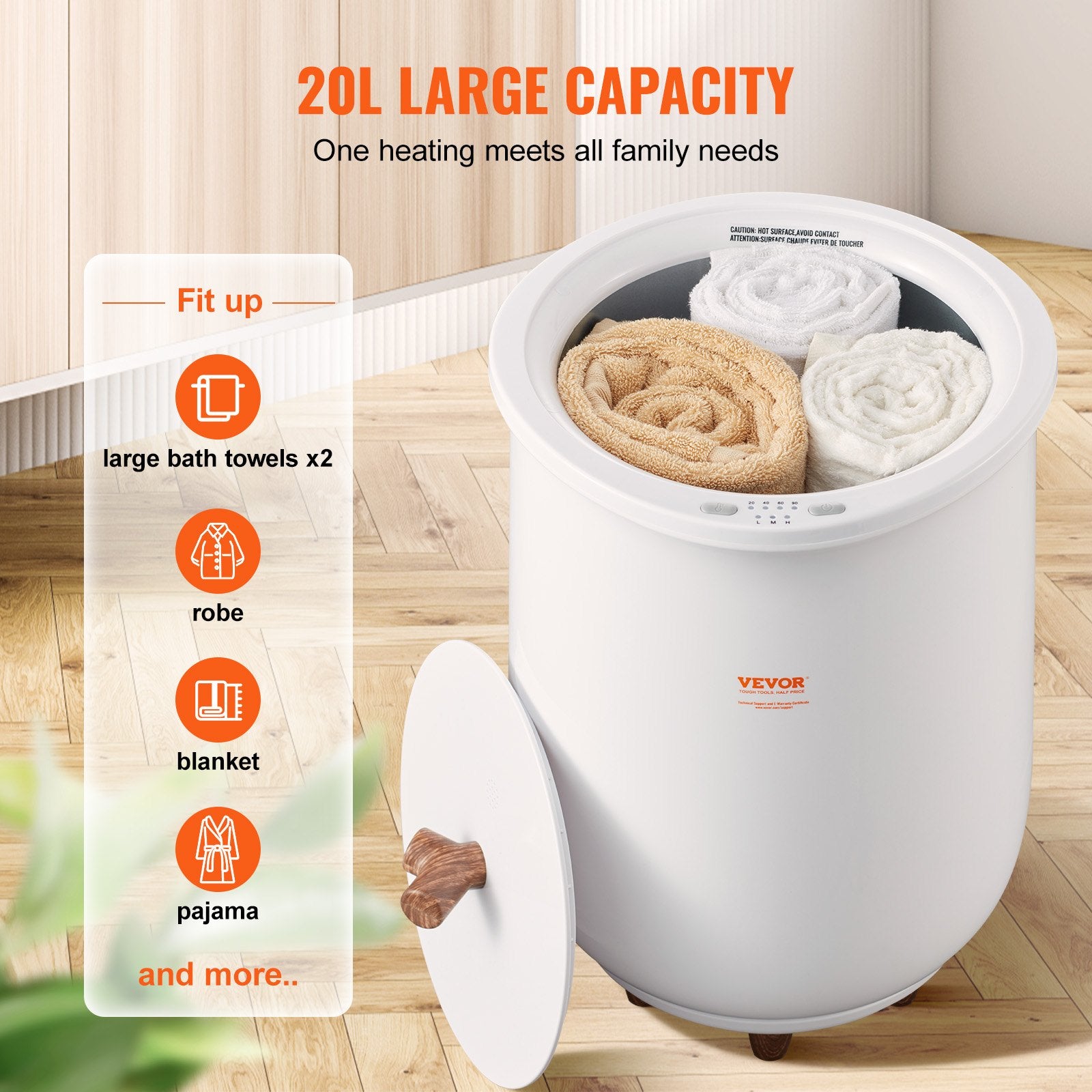 VEVOR Towel Warmer Bucket, 20L Large Towel Warmer for Bathroom, Auto Shut Off Towel Heater with 4-Level Timer Fits up to Two 40"x70" Oversized Towels, Bathrobes, Blankets, ETL & FCC Certified 4