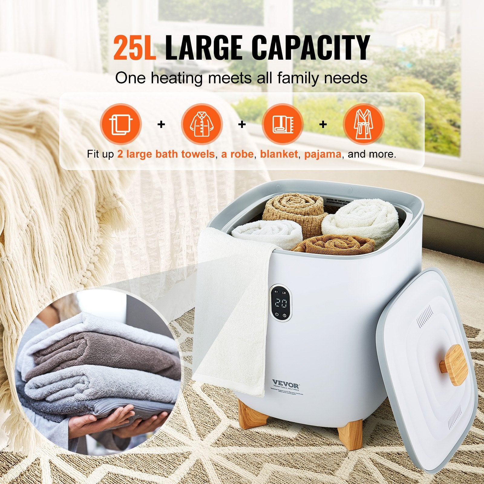 VEVOR 25L Towel Warmer Bucket with LED Screen Bottom Heating Columns Timer White 4