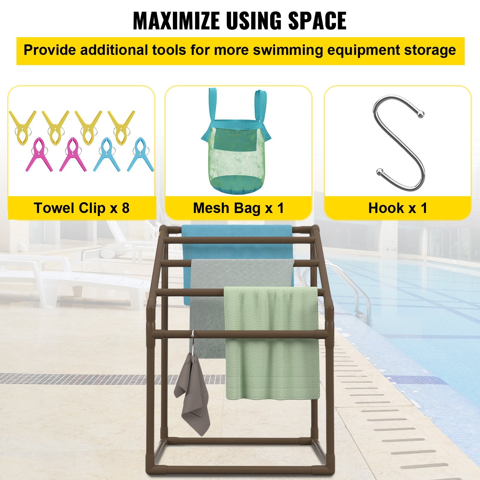 VEVOR Pool Towel Rack, 5 Bar, Brown, Freestanding Outdoor PVC Trapedozal Poolside Storage Organizer, Include 8 Towel Clips, Mesh Bag, Hook, Also Stores Floats and Paddles, for Beach, Swimming Pool 5