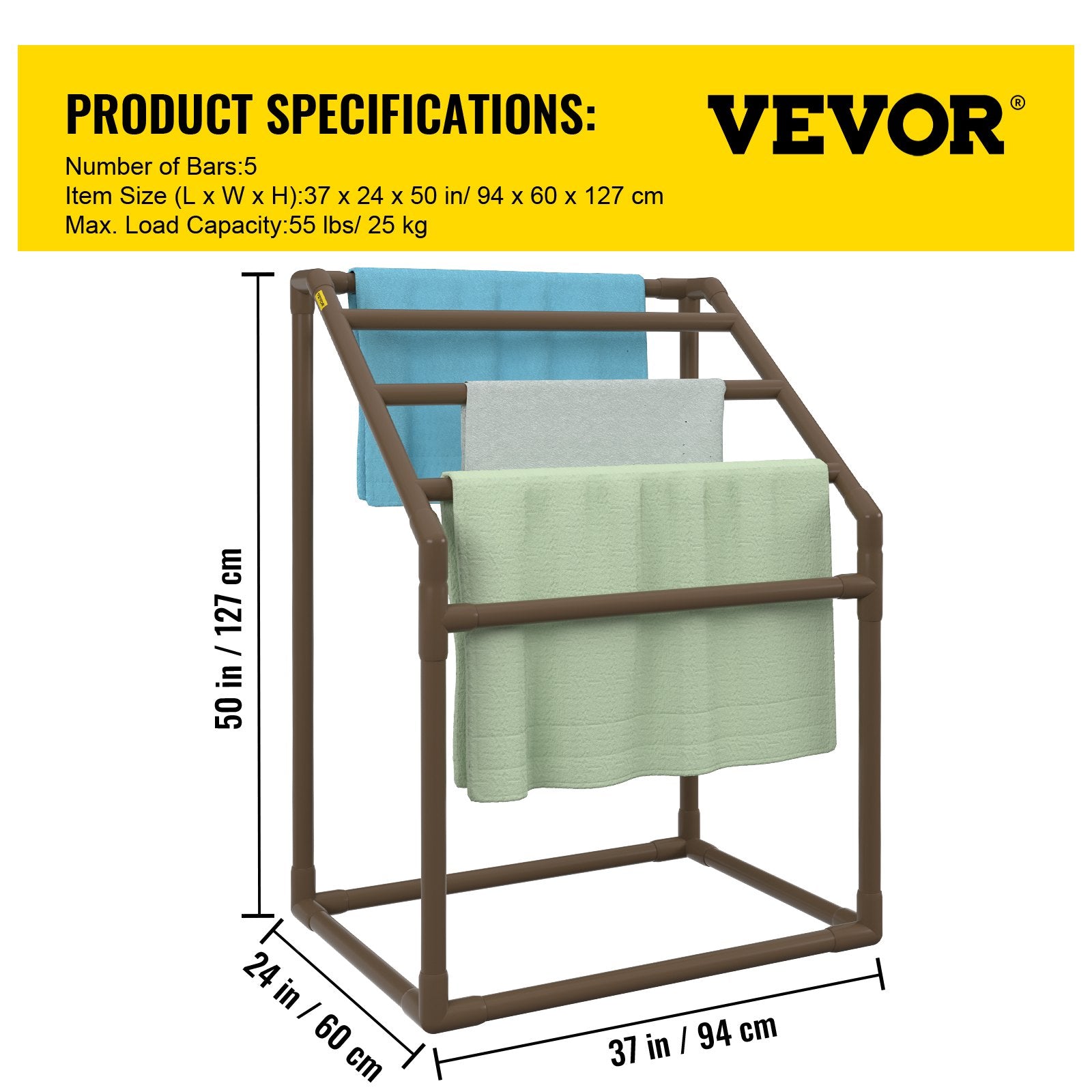 VEVOR Pool Towel Rack, 5 Bar, Brown, Freestanding Outdoor PVC Trapedozal Poolside Storage Organizer, Include 8 Towel Clips, Mesh Bag, Hook, Also Stores Floats and Paddles, for Beach, Swimming Pool 7