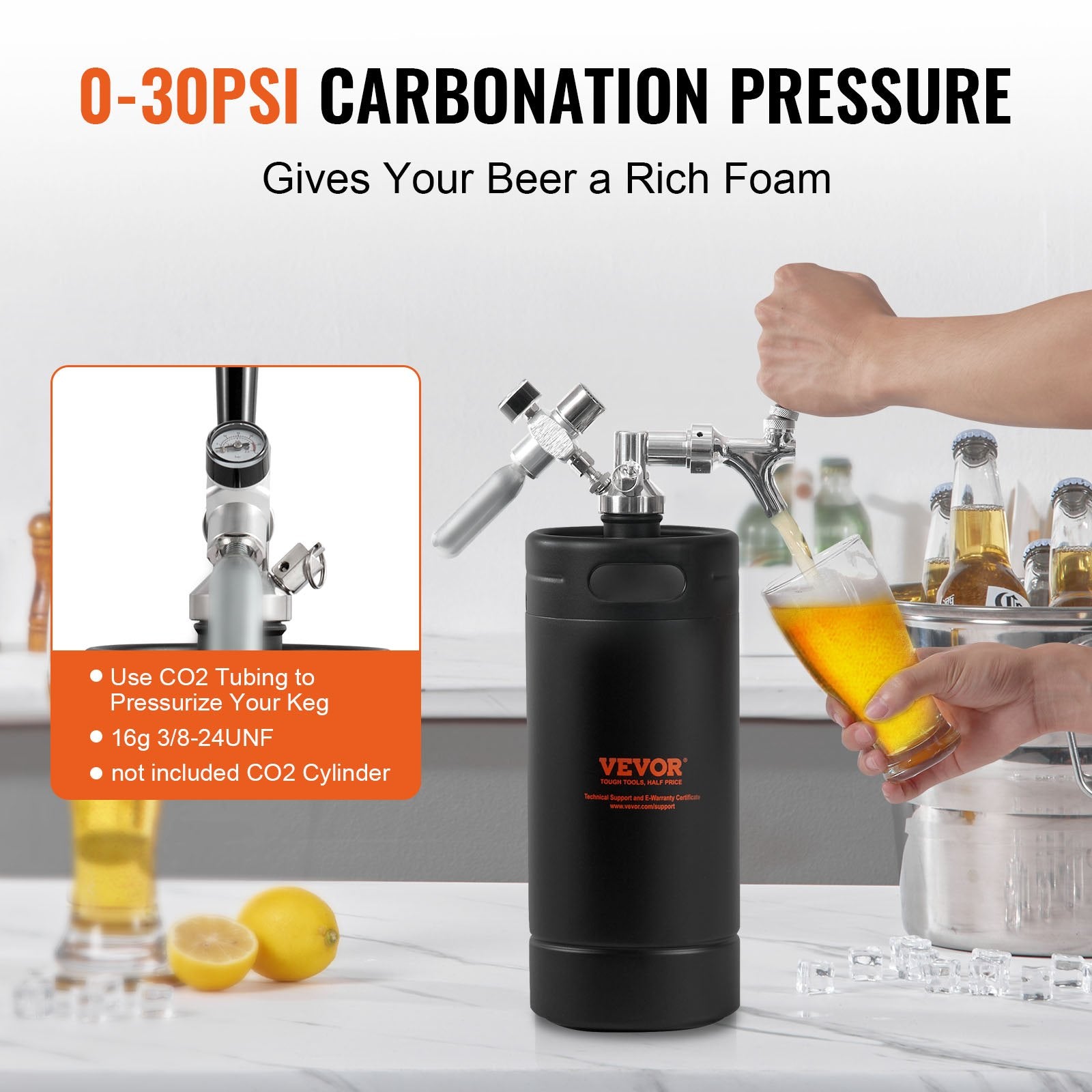 VEVOR Beer Growler Tap System, 4L Mini Keg, 304 Stainless Steel Pressurized Beer Growler, Keg Growler with Pressure Display, CO2 Regulator Faucet, Leak-Proof Ring For Draft, Homebrew, Craft Beer 3