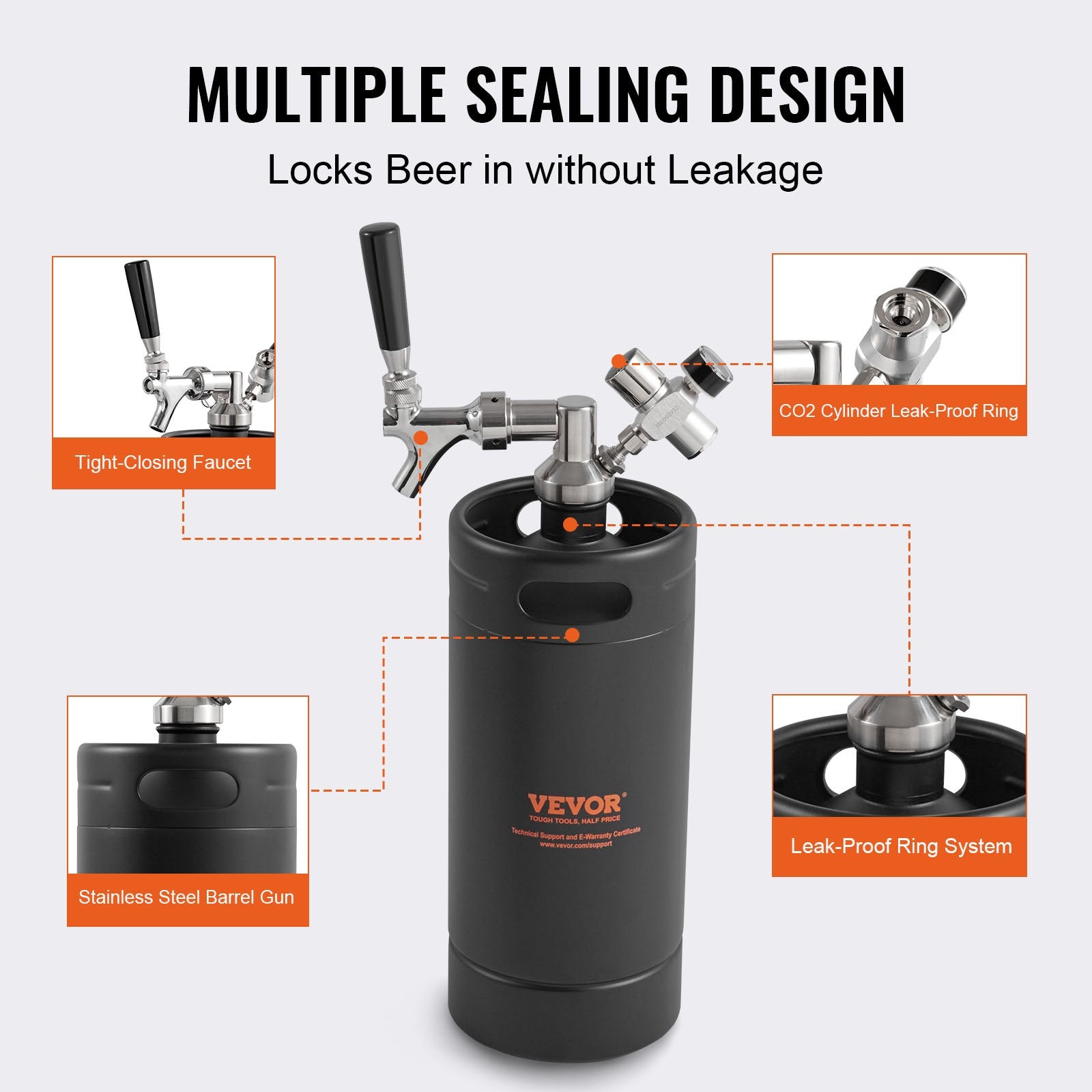 VEVOR Beer Growler Tap System, 4L Mini Keg, 304 Stainless Steel Pressurized Beer Growler, Keg Growler with Pressure Display, CO2 Regulator Faucet, Leak-Proof Ring For Draft, Homebrew, Craft Beer 4