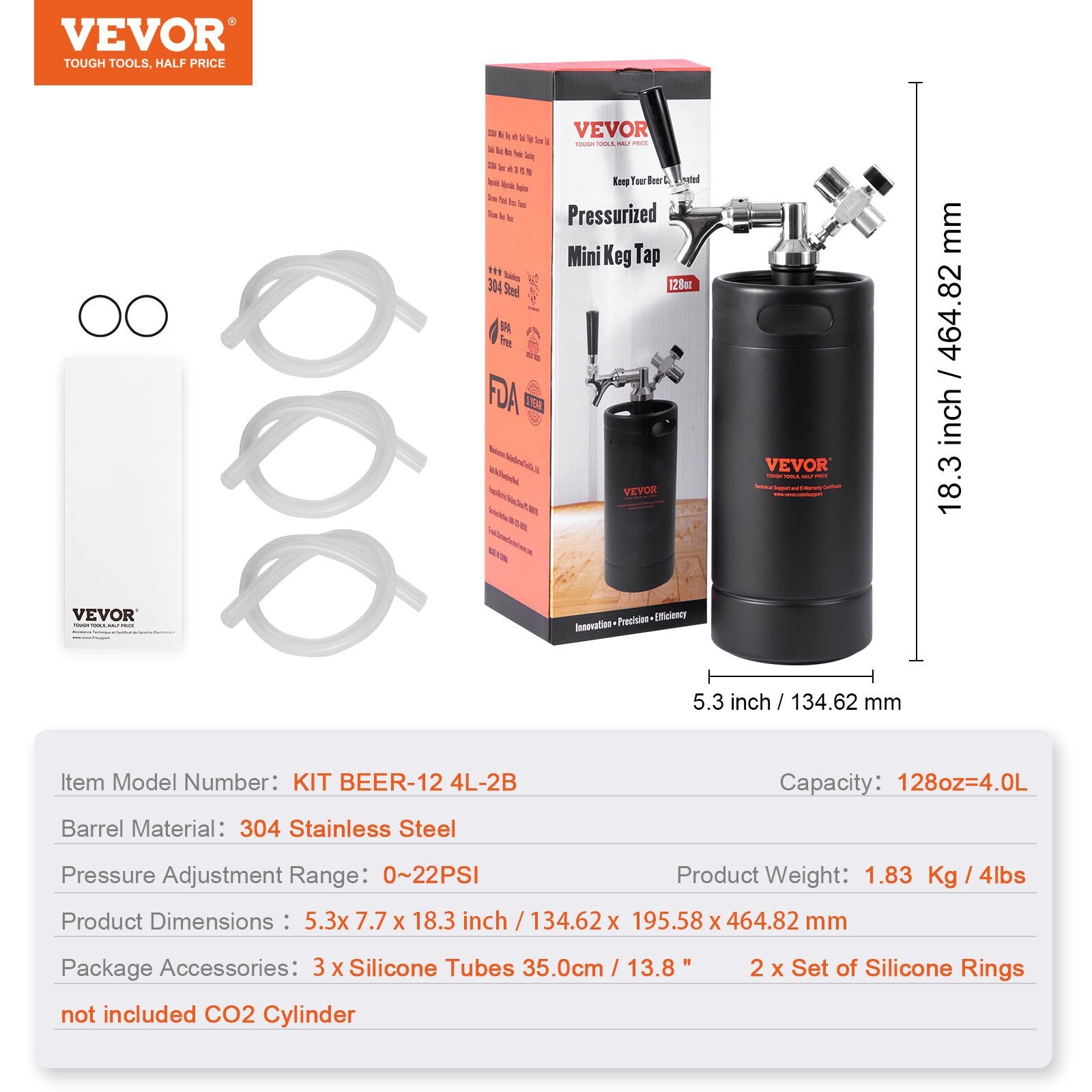 VEVOR Beer Growler Tap System, 4L Mini Keg, 304 Stainless Steel Pressurized Beer Growler, Keg Growler with Pressure Display, CO2 Regulator Faucet, Leak-Proof Ring For Draft, Homebrew, Craft Beer 6