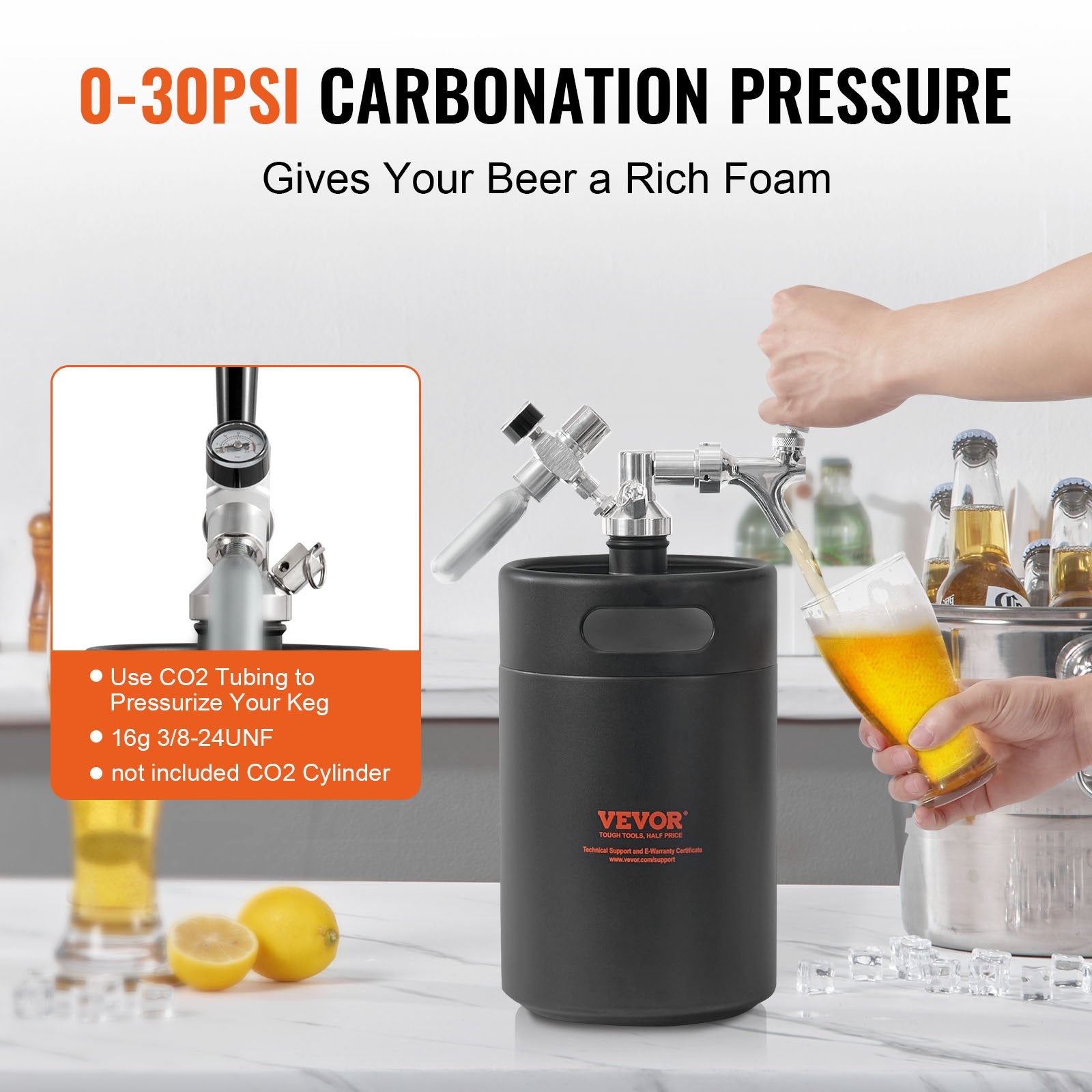 VEVOR Beer Growler Tap System, 5L Mini Keg, 304 Stainless Steel Pressurized Beer Growler, Keg Growler with Pressure Display, CO2 Regulator Faucet, Leak-Proof Ring For Draft, Homebrew, Craft Beer 4