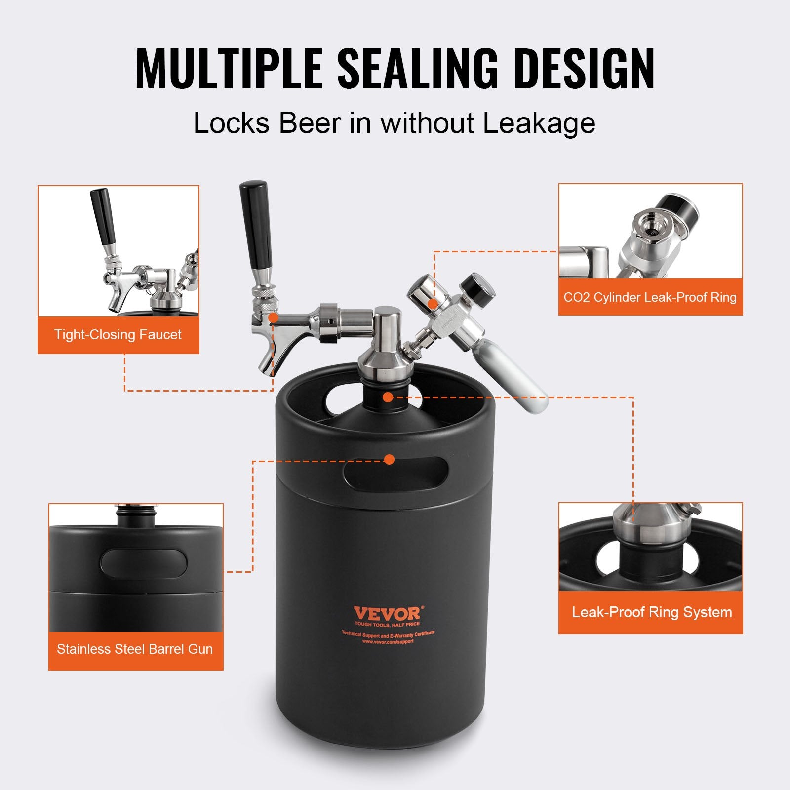 VEVOR Beer Growler Tap System, 5L Mini Keg, 304 Stainless Steel Pressurized Beer Growler, Keg Growler with Pressure Display, CO2 Regulator Faucet, Leak-Proof Ring For Draft, Homebrew, Craft Beer 5