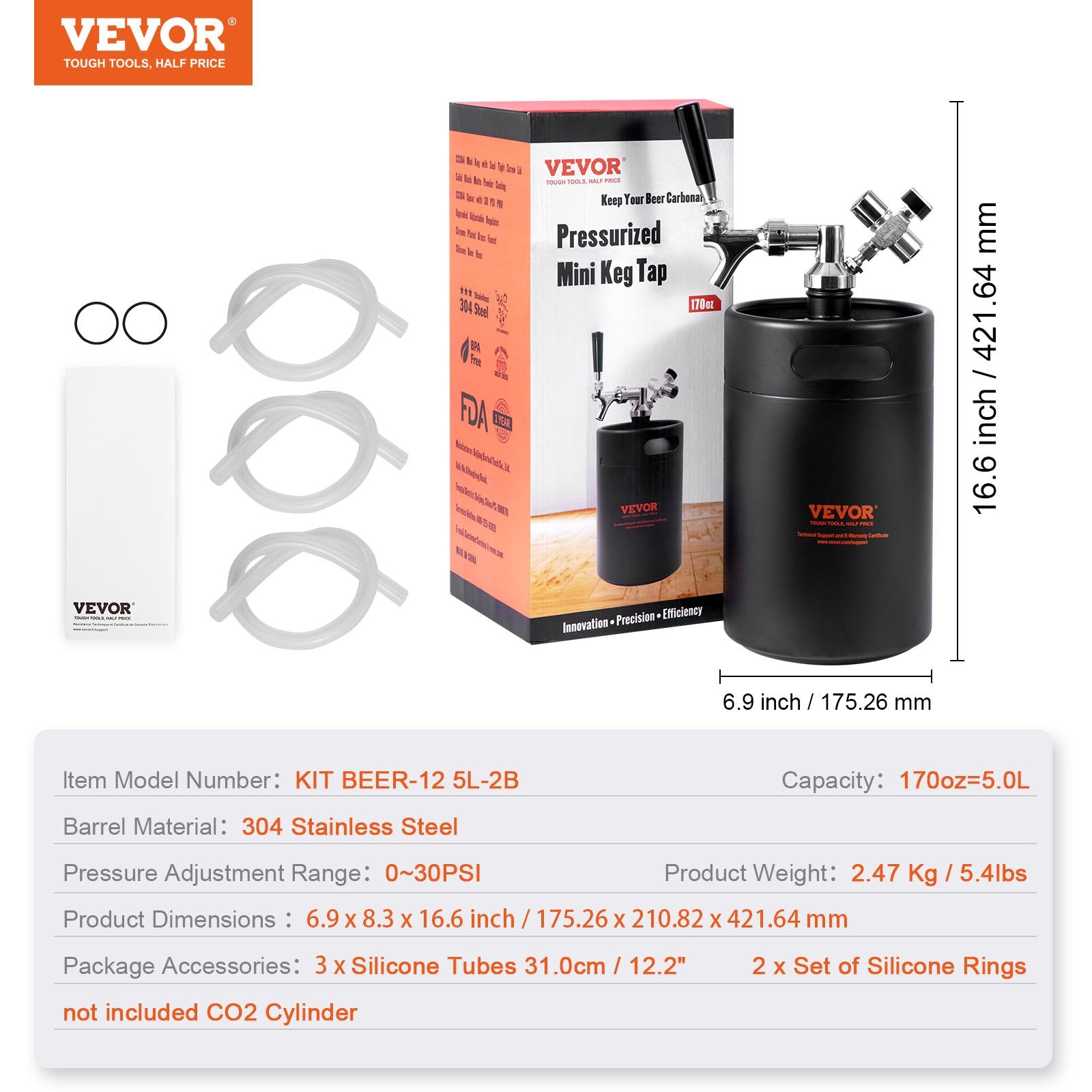 VEVOR Beer Growler Tap System, 5L Mini Keg, 304 Stainless Steel Pressurized Beer Growler, Keg Growler with Pressure Display, CO2 Regulator Faucet, Leak-Proof Ring For Draft, Homebrew, Craft Beer 7
