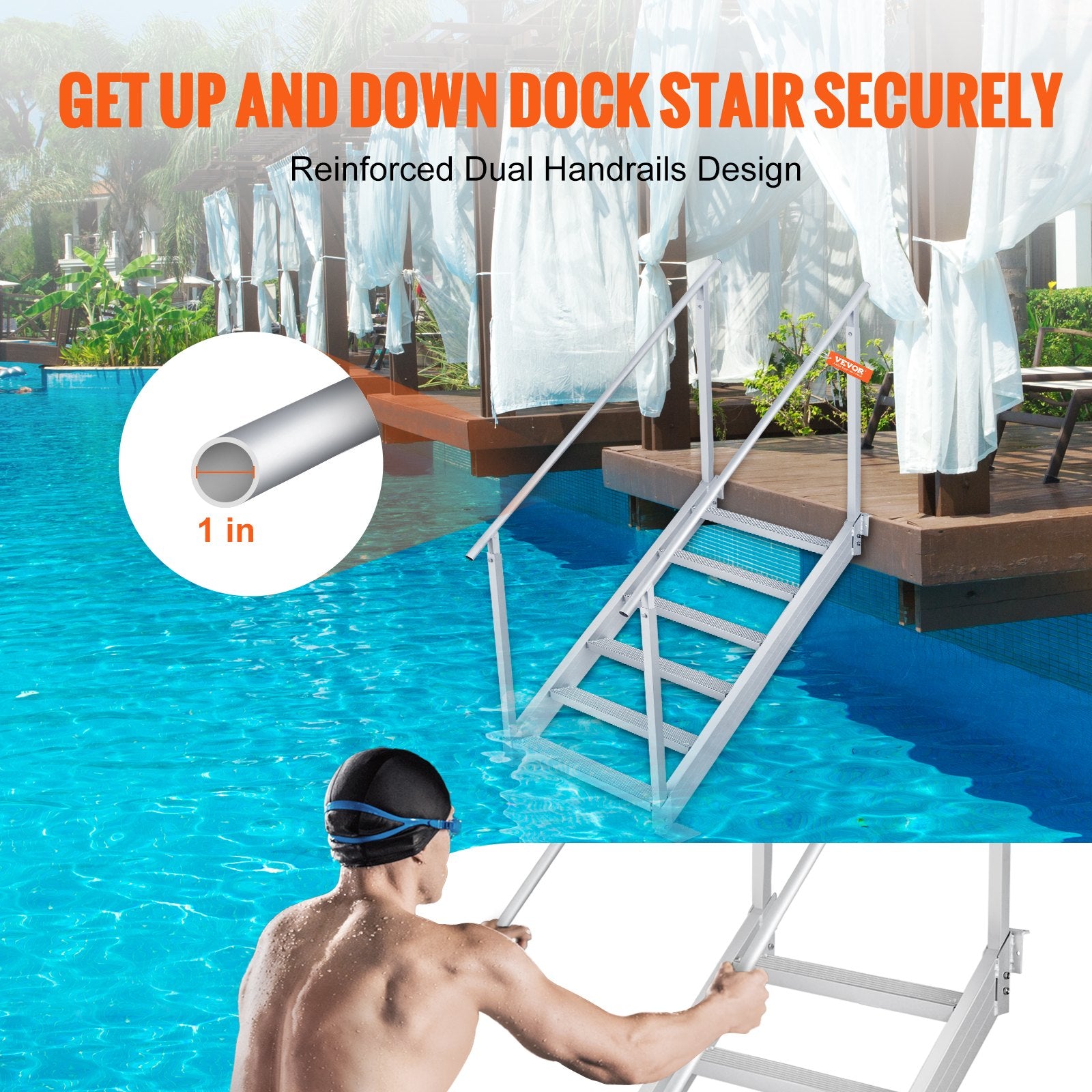 VEVOR Dock Ladder, 1.09 m-1.29 m Adjustable Height, 227 kg Load Capacity, Aluminum Alloy 6 Steps Pontoon Boat Ladder with Dual Handrails & Nonslip Mat, Ideal for Ship/Lake/Pool/Marine Boarding 5