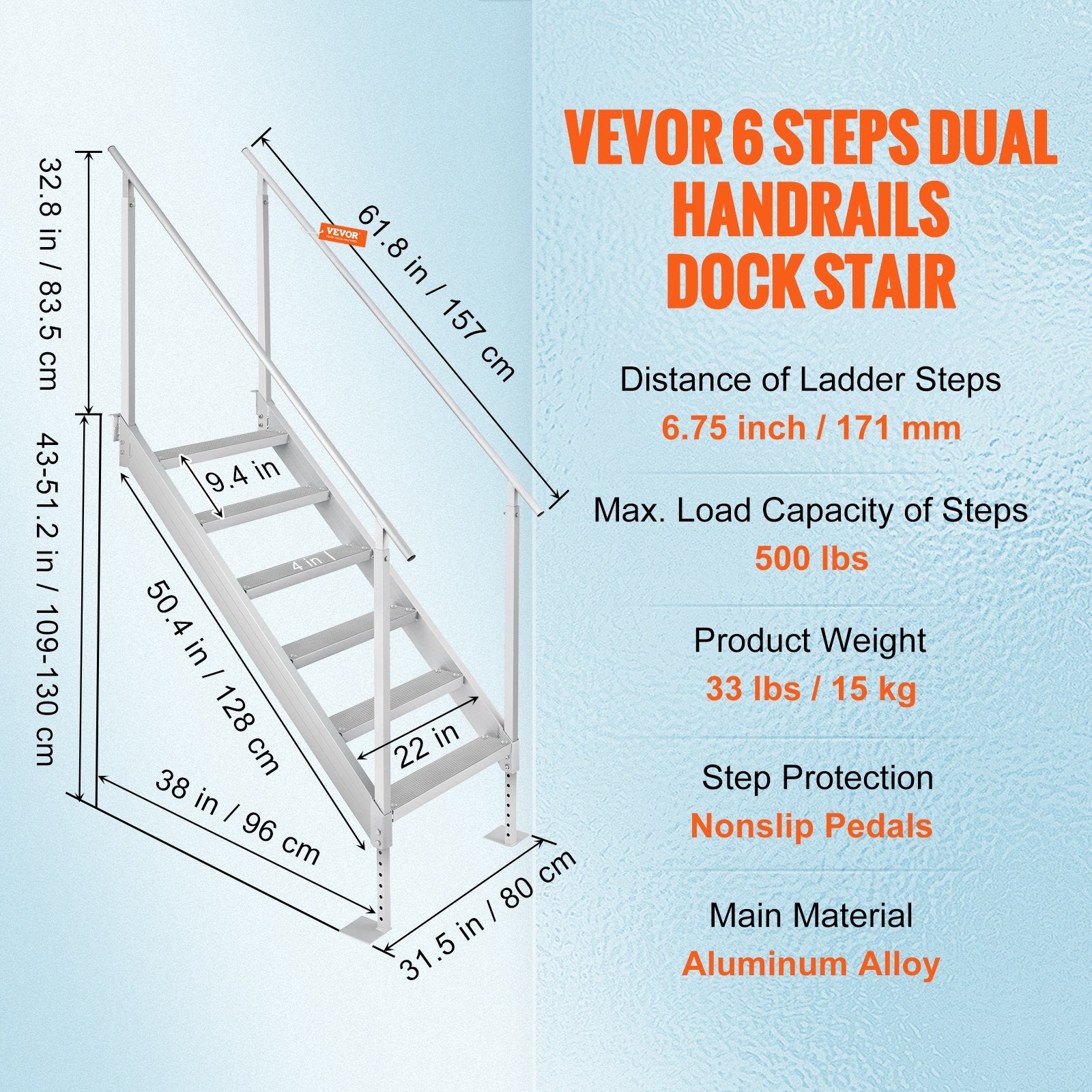 VEVOR Dock Ladder, 1.09 m-1.29 m Adjustable Height, 227 kg Load Capacity, Aluminum Alloy 6 Steps Pontoon Boat Ladder with Dual Handrails & Nonslip Mat, Ideal for Ship/Lake/Pool/Marine Boarding 7