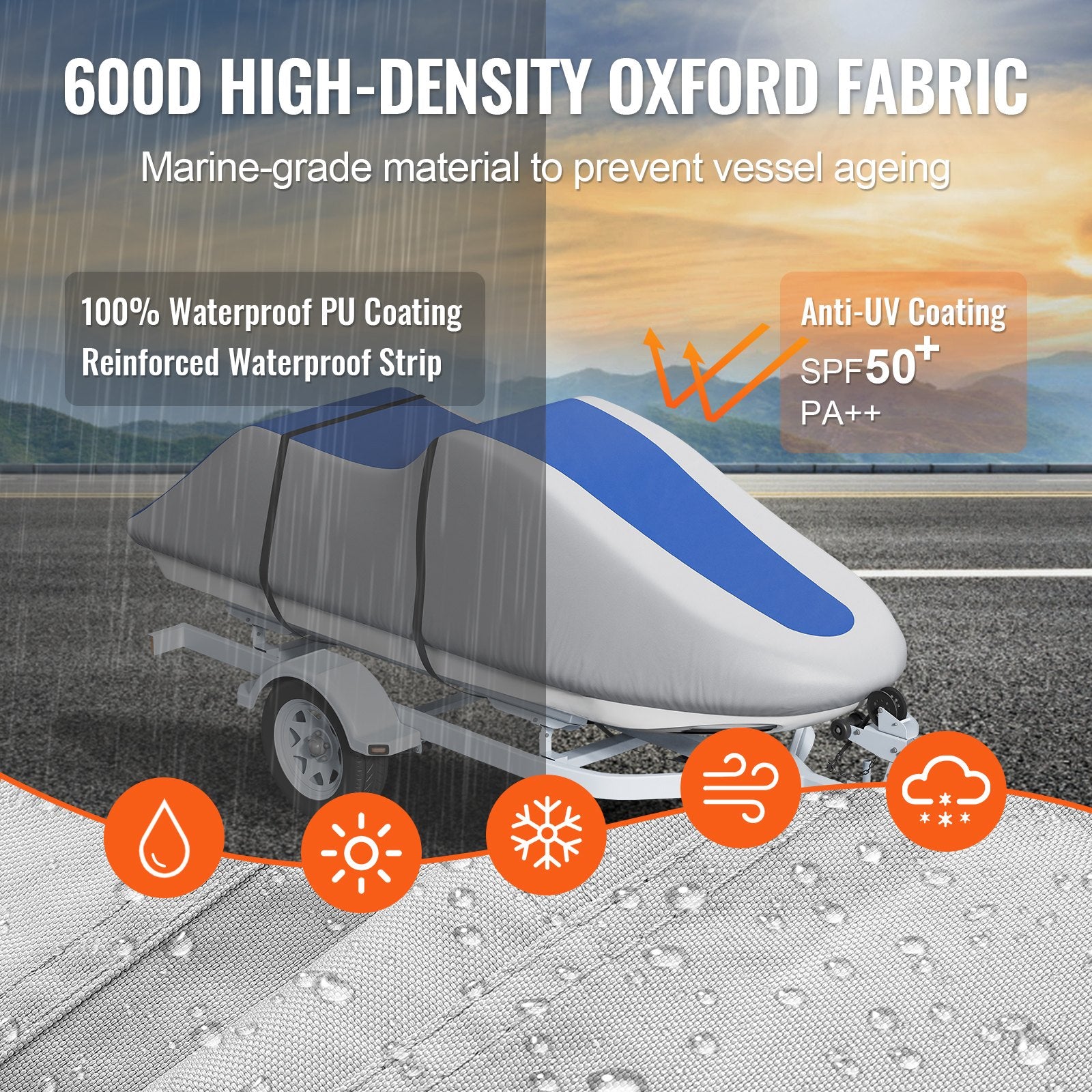 VEVOR Jet Ski Cover 320-342 cm Trailerable Waterproof PWC Cover, Heavy-duty 600D Marine Grade PU Oxford Fabric, UV Resistant Seadoo Cover with Buckle Straps, Personal Watercraft Covers, Grey+Blue 3