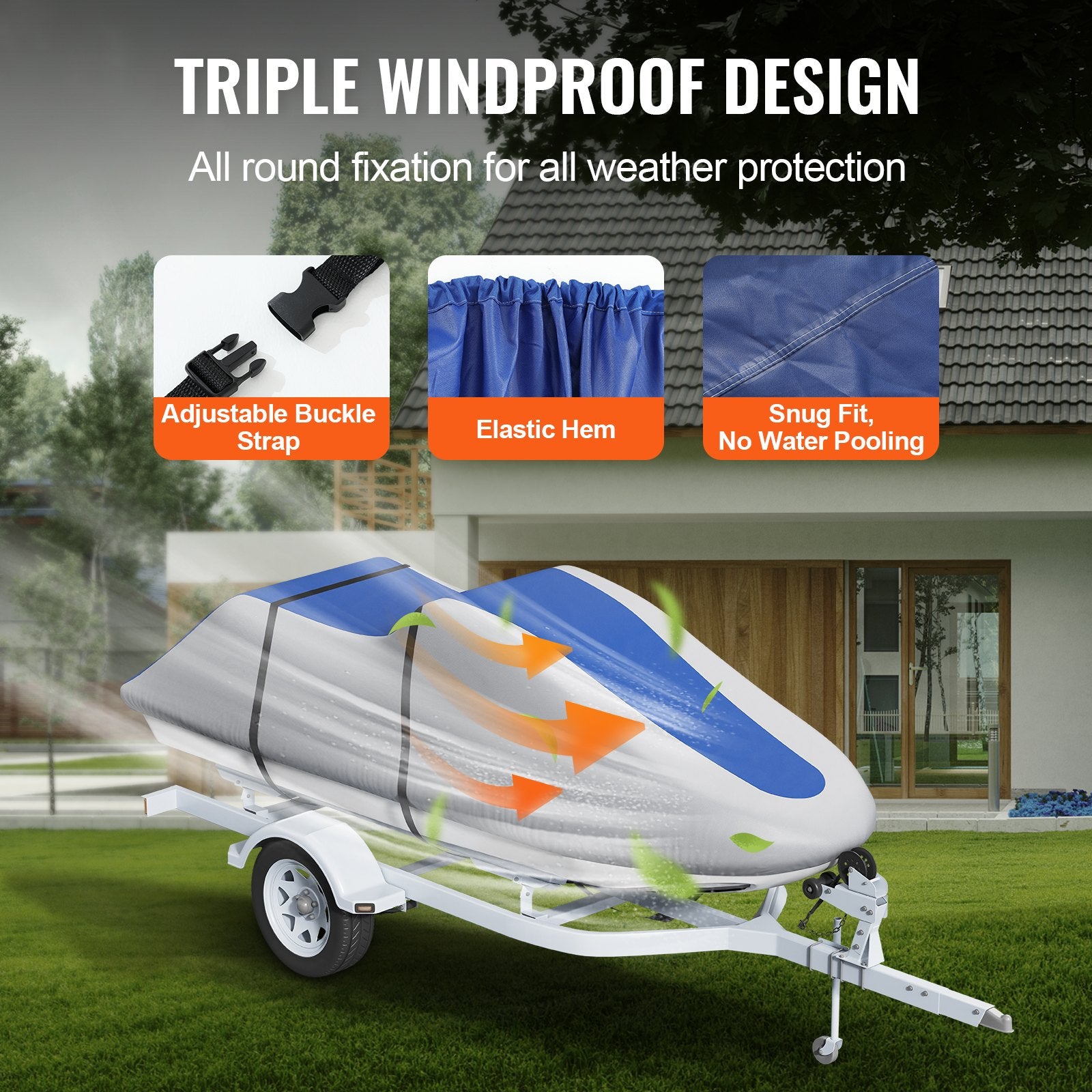 VEVOR Jet Ski Cover 320-342 cm Trailerable Waterproof PWC Cover, Heavy-duty 600D Marine Grade PU Oxford Fabric, UV Resistant Seadoo Cover with Buckle Straps, Personal Watercraft Covers, Grey+Blue 4