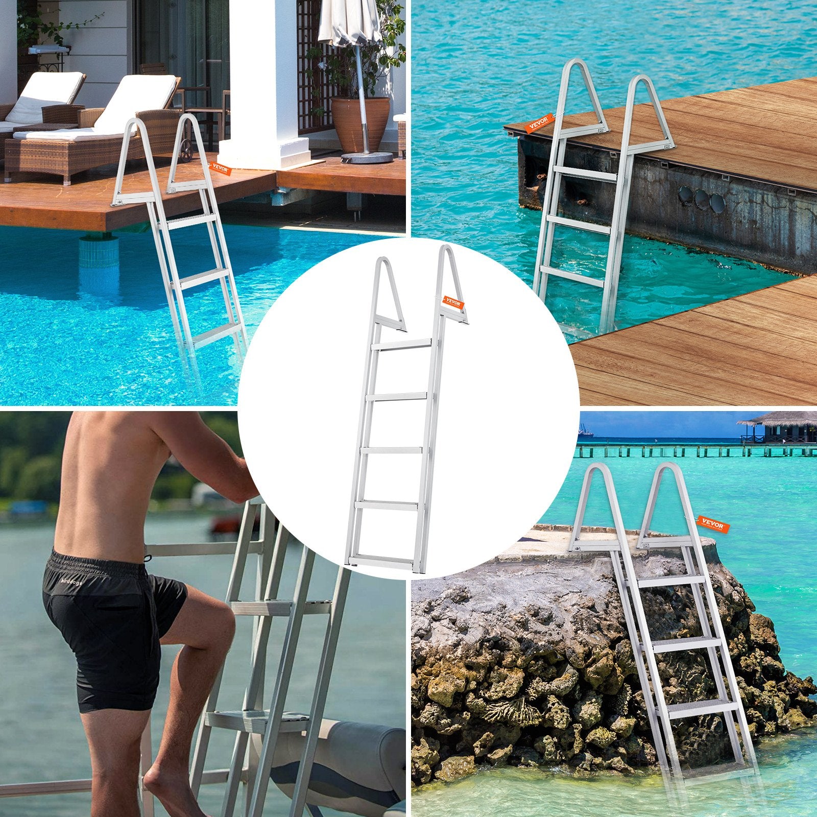 VEVOR Removable Dock Ladder 5 Steps, 159 kg Load Capacity, Pontoon Boat Ladder with 4'' Wide Step & Nonslip Design for Ship/Lake/Pool/Marine Boarding 6