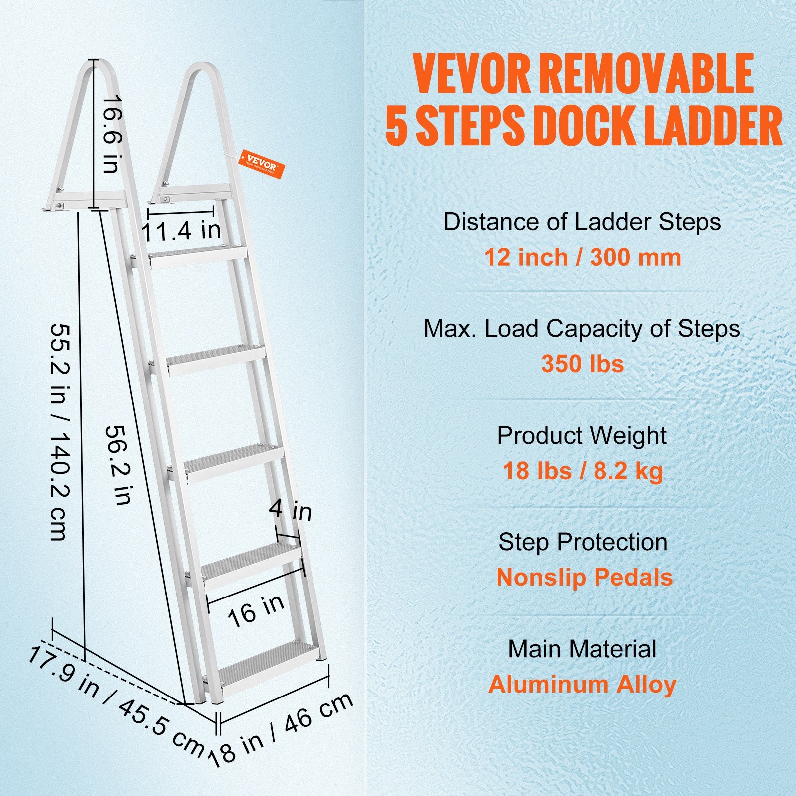 VEVOR Removable Dock Ladder 5 Steps, 159 kg Load Capacity, Pontoon Boat Ladder with 4'' Wide Step & Nonslip Design for Ship/Lake/Pool/Marine Boarding 7