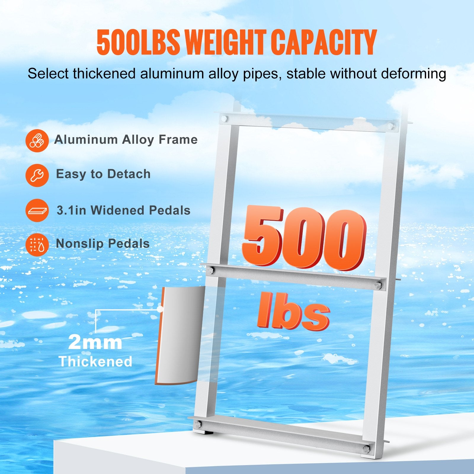 VEVOR Dock Ladder, Removable 5 Steps, 227 kgs Load Capacity, Aluminum Alloy Pontoon Boat Ladder with 3.1'' Wide Step & Nonslip Rubber Mat, Easy to Install for Ship/Lake/Pool/Marine Boarding 3