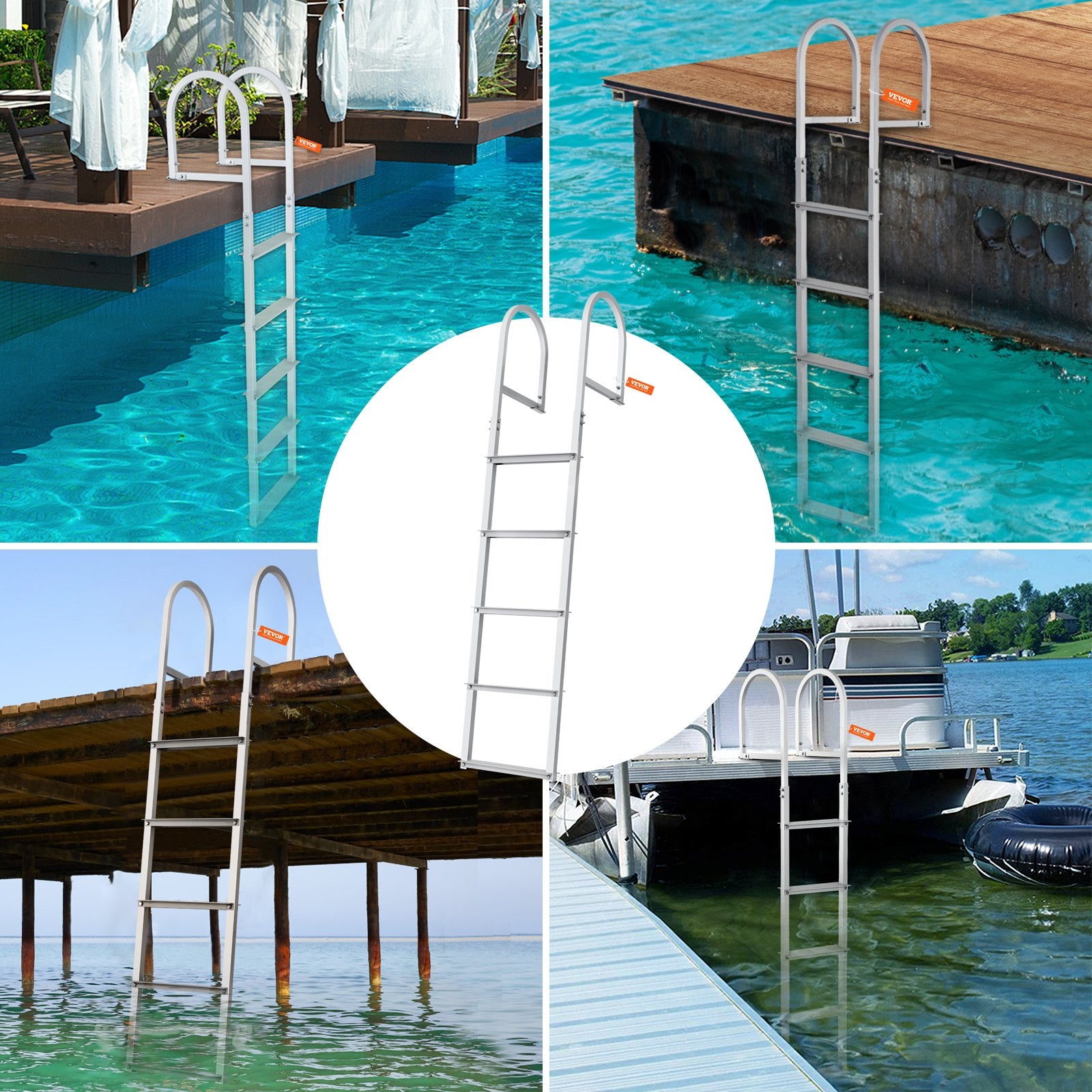 VEVOR Dock Ladder, Removable 5 Steps, 227 kgs Load Capacity, Aluminum Alloy Pontoon Boat Ladder with 3.1'' Wide Step & Nonslip Rubber Mat, Easy to Install for Ship/Lake/Pool/Marine Boarding 6