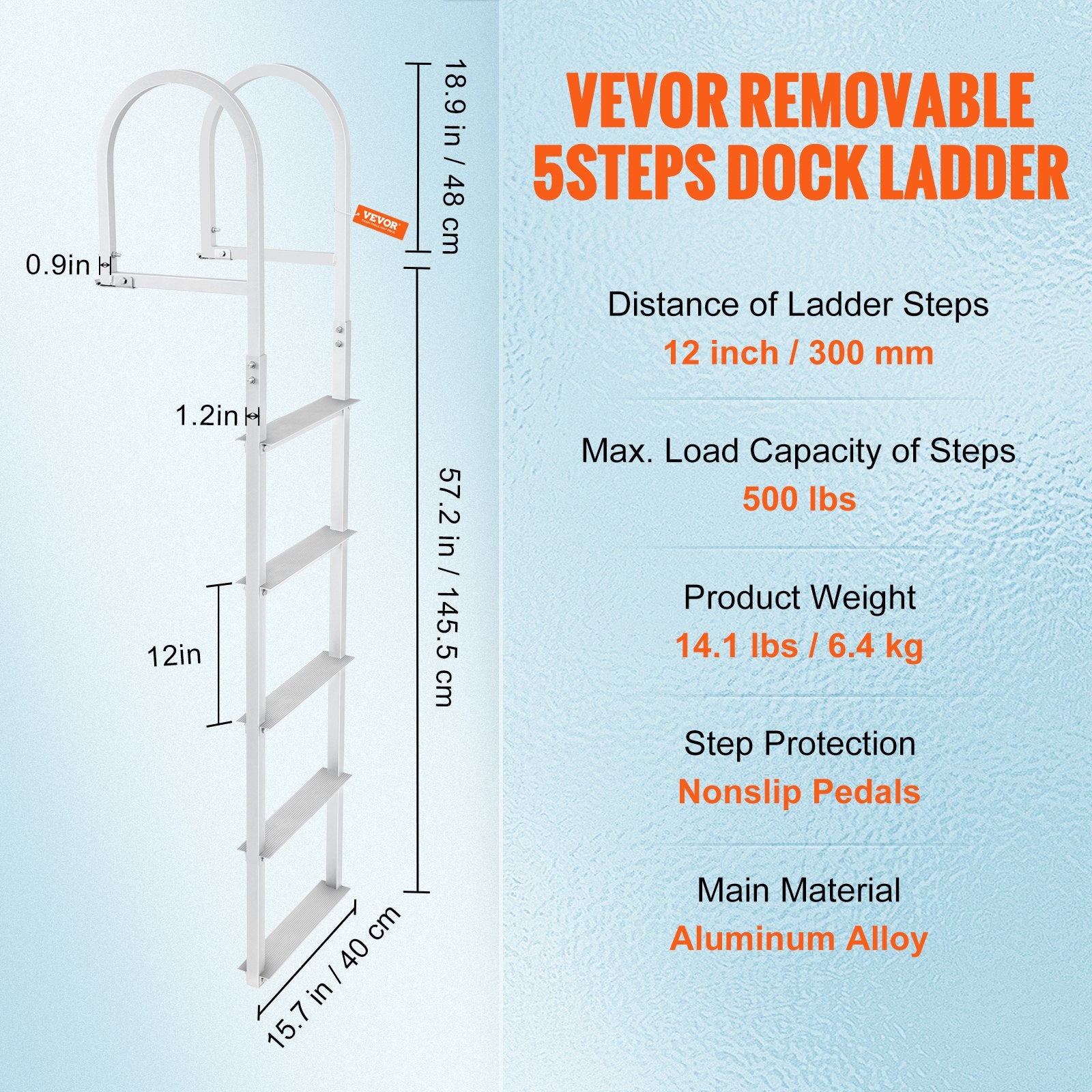 VEVOR Dock Ladder, Removable 5 Steps, 227 kgs Load Capacity, Aluminum Alloy Pontoon Boat Ladder with 3.1'' Wide Step & Nonslip Rubber Mat, Easy to Install for Ship/Lake/Pool/Marine Boarding 7