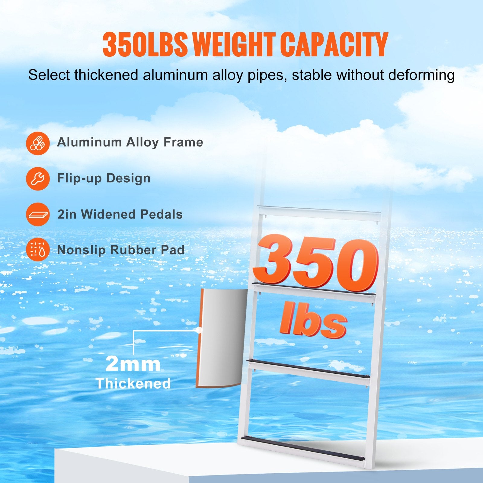 VEVOR Dock Ladder, Flip-Up 4 Steps, 159 kg Load Capacity, Aluminum Alloy Pontoon Boat Ladder with 50.8 mm Wide Step & Nonslip Rubber Mat, Easy to Install for Ship/Lake/Pool/Marine Boarding 4