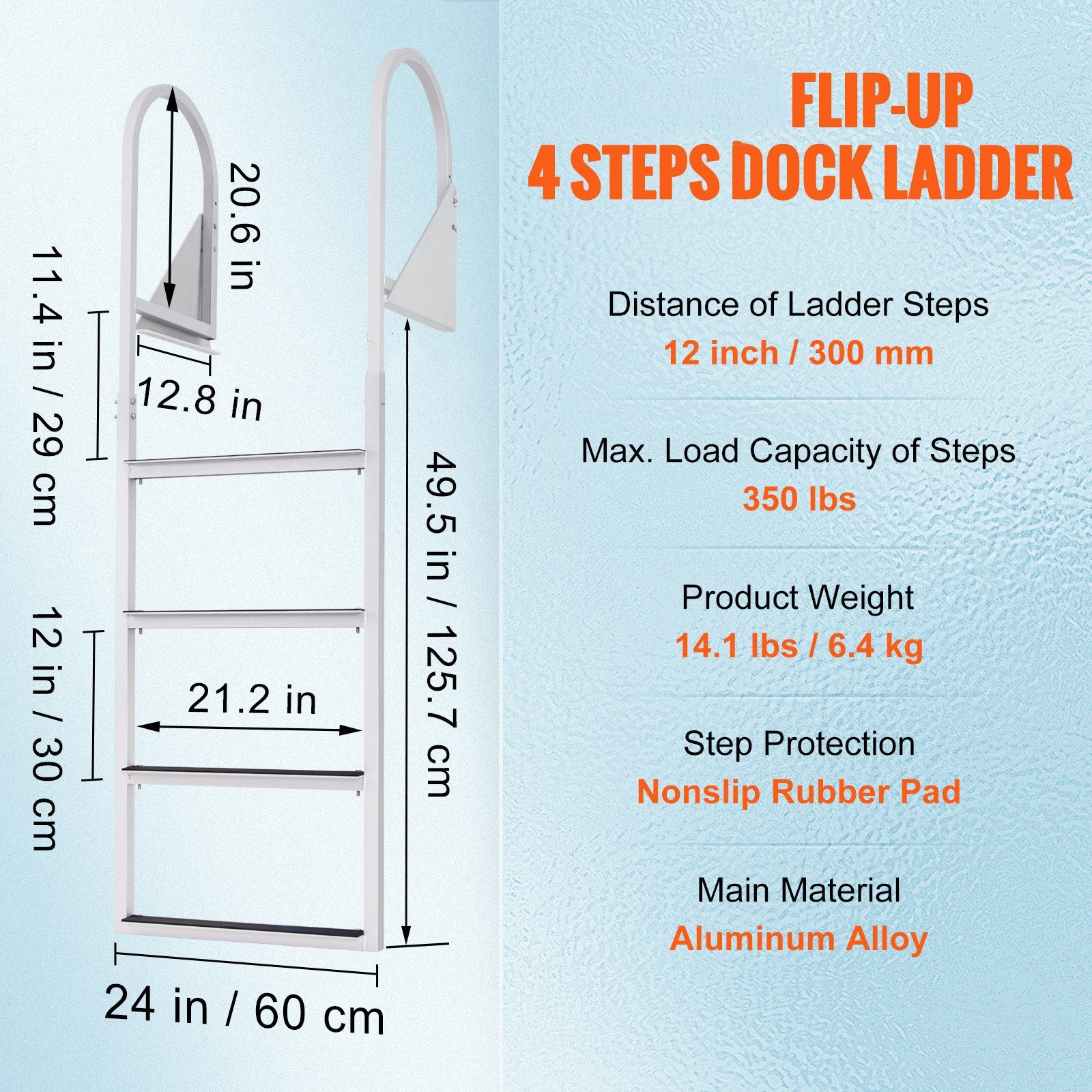 VEVOR Dock Ladder, Flip-Up 4 Steps, 159 kg Load Capacity, Aluminum Alloy Pontoon Boat Ladder with 50.8 mm Wide Step & Nonslip Rubber Mat, Easy to Install for Ship/Lake/Pool/Marine Boarding 7
