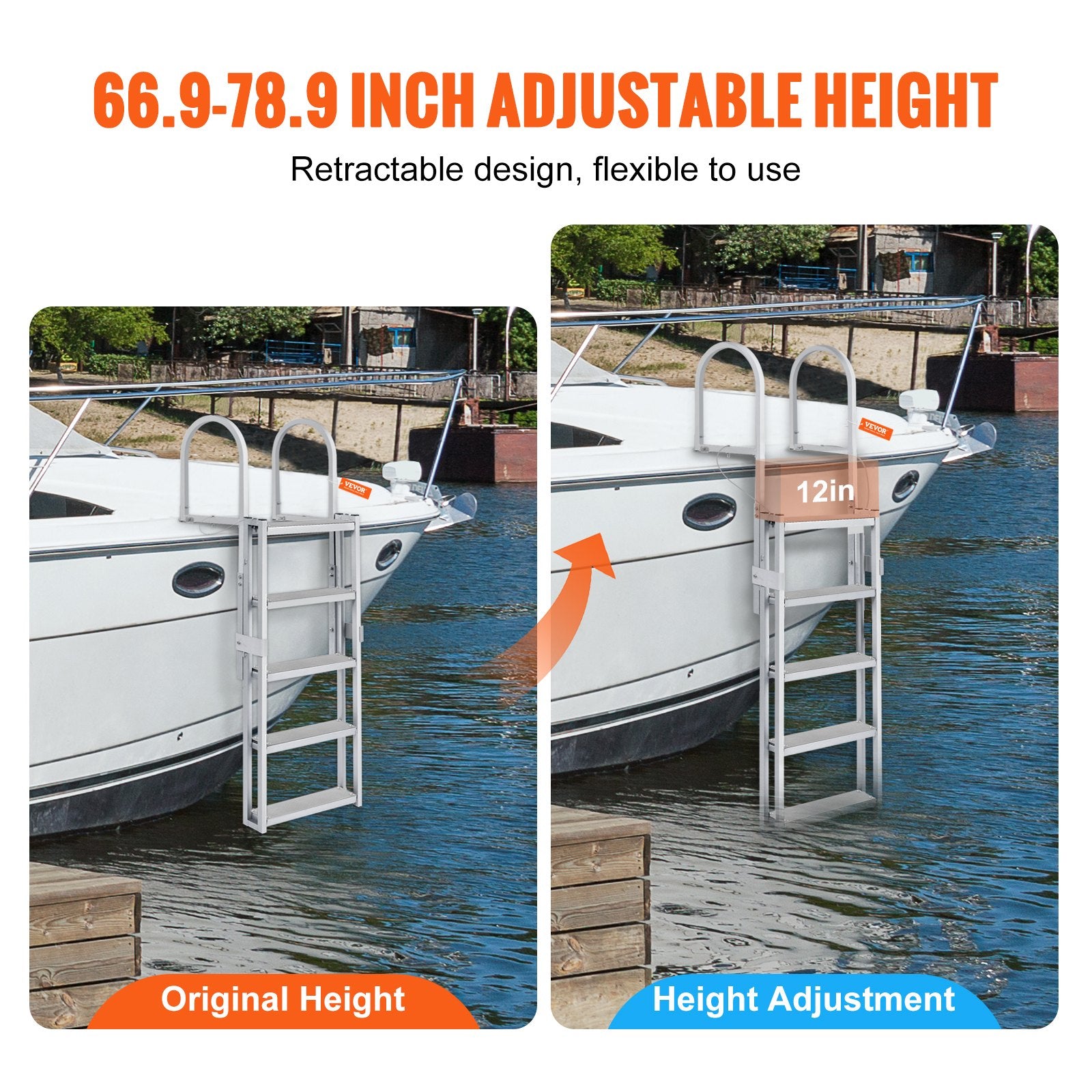 VEVOR Dock Ladder, Retractable 5 Steps, 350 lbs Load Capacity, Aluminum Alloy Pontoon Boat Ladder with 66.9''-78.9'' Adjustable Height, 4'' Wide Step & Mat, for Ship/Lake/Pool/Marine Boarding 3