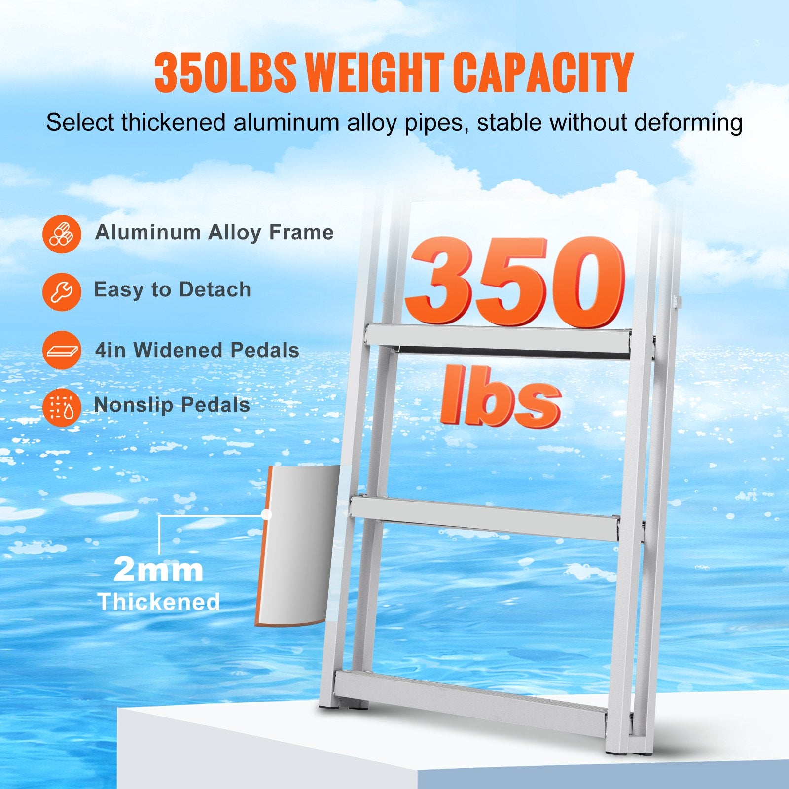 VEVOR Dock Ladder, Retractable 5 Steps, 350 lbs Load Capacity, Aluminum Alloy Pontoon Boat Ladder with 66.9''-78.9'' Adjustable Height, 4'' Wide Step & Mat, for Ship/Lake/Pool/Marine Boarding 4