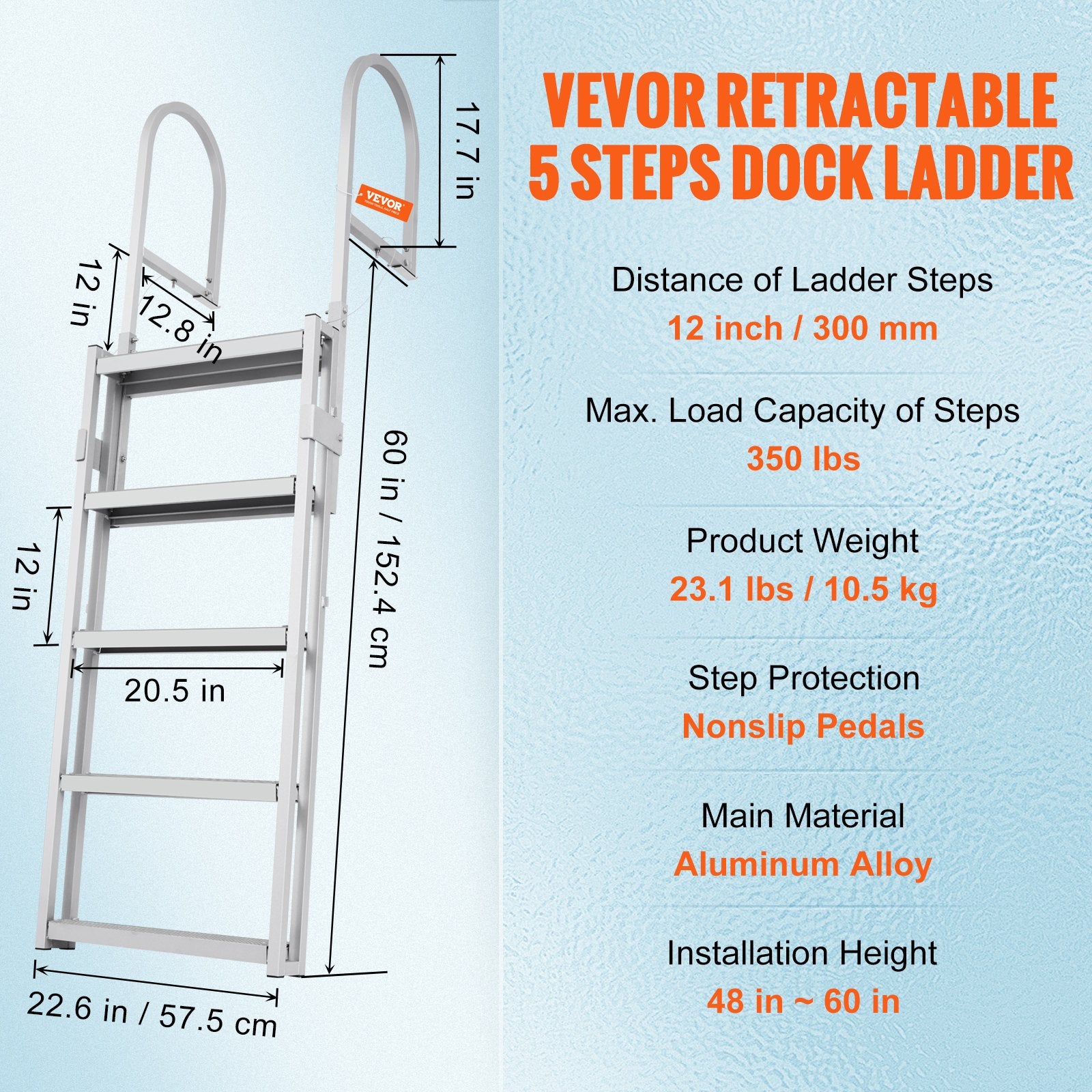 VEVOR Dock Ladder, Retractable 5 Steps, 350 lbs Load Capacity, Aluminum Alloy Pontoon Boat Ladder with 66.9''-78.9'' Adjustable Height, 4'' Wide Step & Mat, for Ship/Lake/Pool/Marine Boarding 7