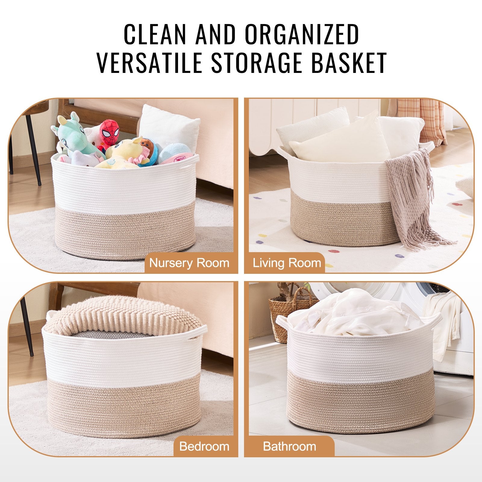 VEVOR Cotton Rope Storage Basket 87L Woven Blanket Basket 20 x 20 x 14 in 6