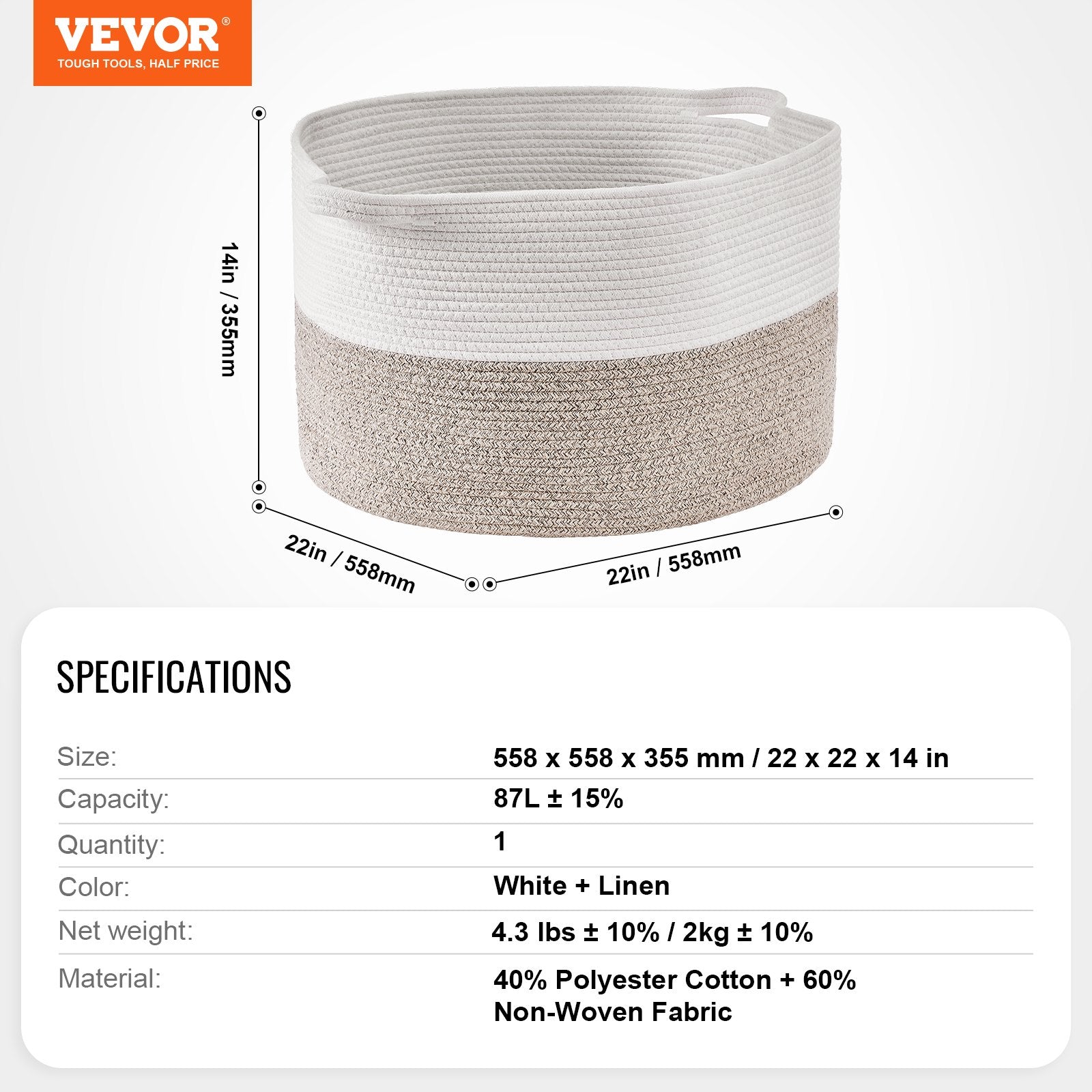 VEVOR Cotton Rope Storage Basket 87L Woven Blanket Basket 20 x 20 x 14 in 7