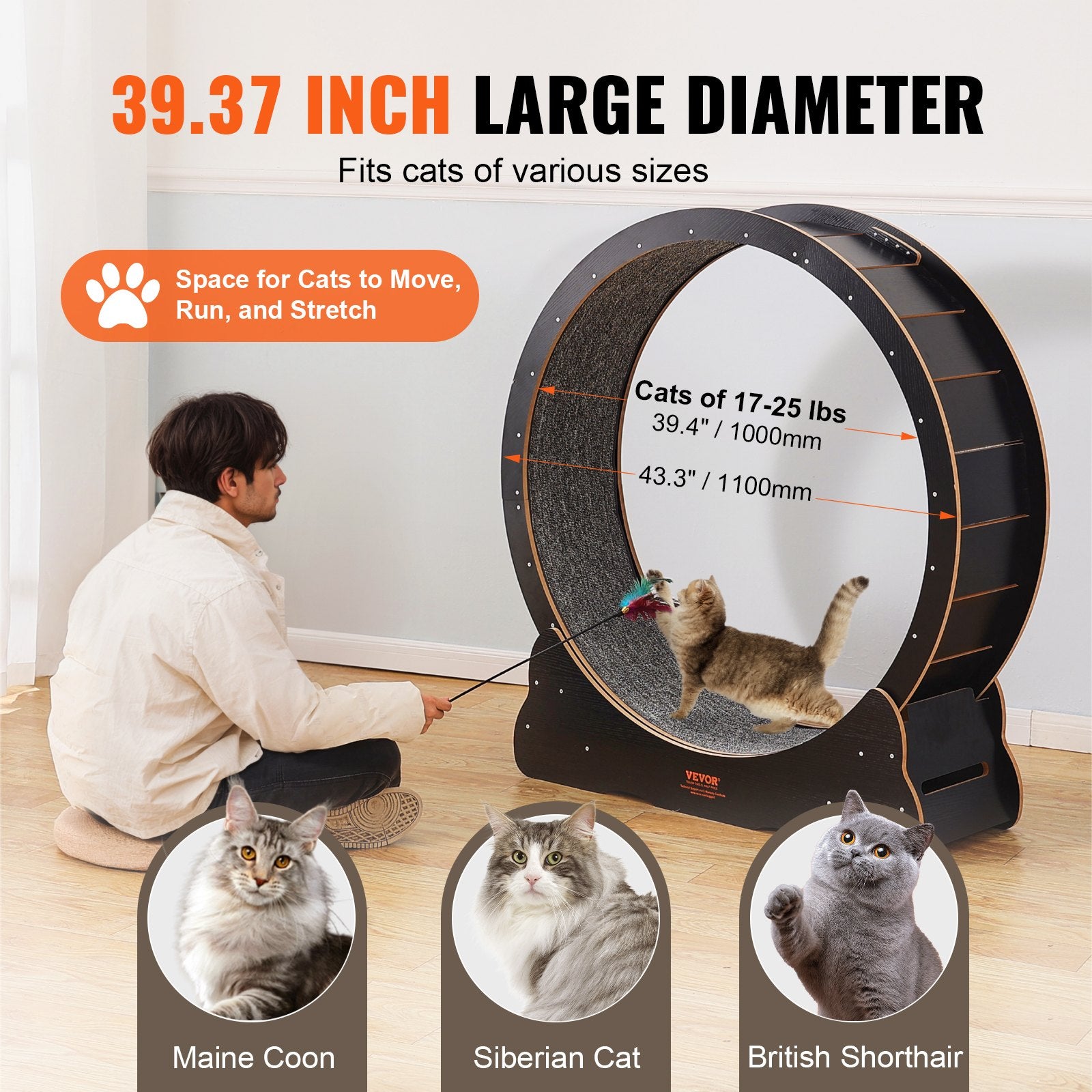 VEVOR Wooden Cat Exercise Wheel, 43.3" Large Cat Treadmill Wheel for Indoor Cats, Cat Running Wheel with Detachable Carpet & Cat Teaser for Running/Walking/Training, Suitable for Most Cats 4