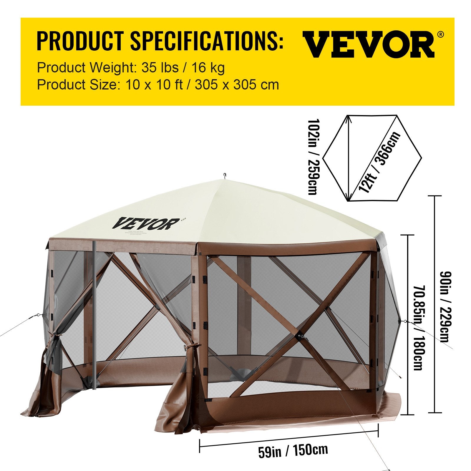VEVOR Pop-up Camping Gazebo Camping Canopy Shelter 6 Sided 10' x 10' Sun Shade 7
