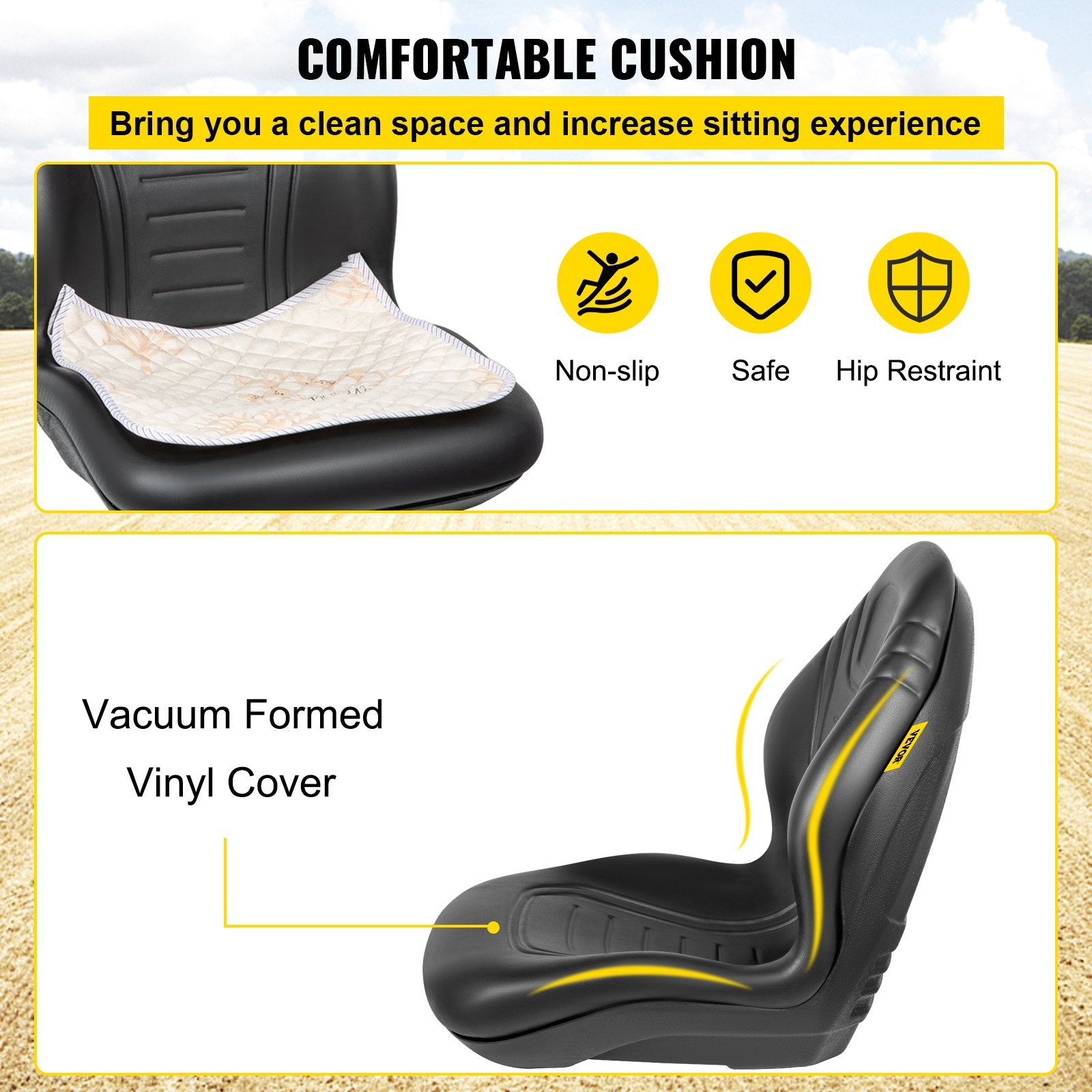 VEVOR Universal Lawn Tractor Seat Replacement, Compact High Back Mower Seat, Black Vinyl Forklift Seat, Central Drain Hole Skid Steer Seat with Mounting Bolt Patterns of 8" x 11.5" & 11.25" x 11.5" 3
