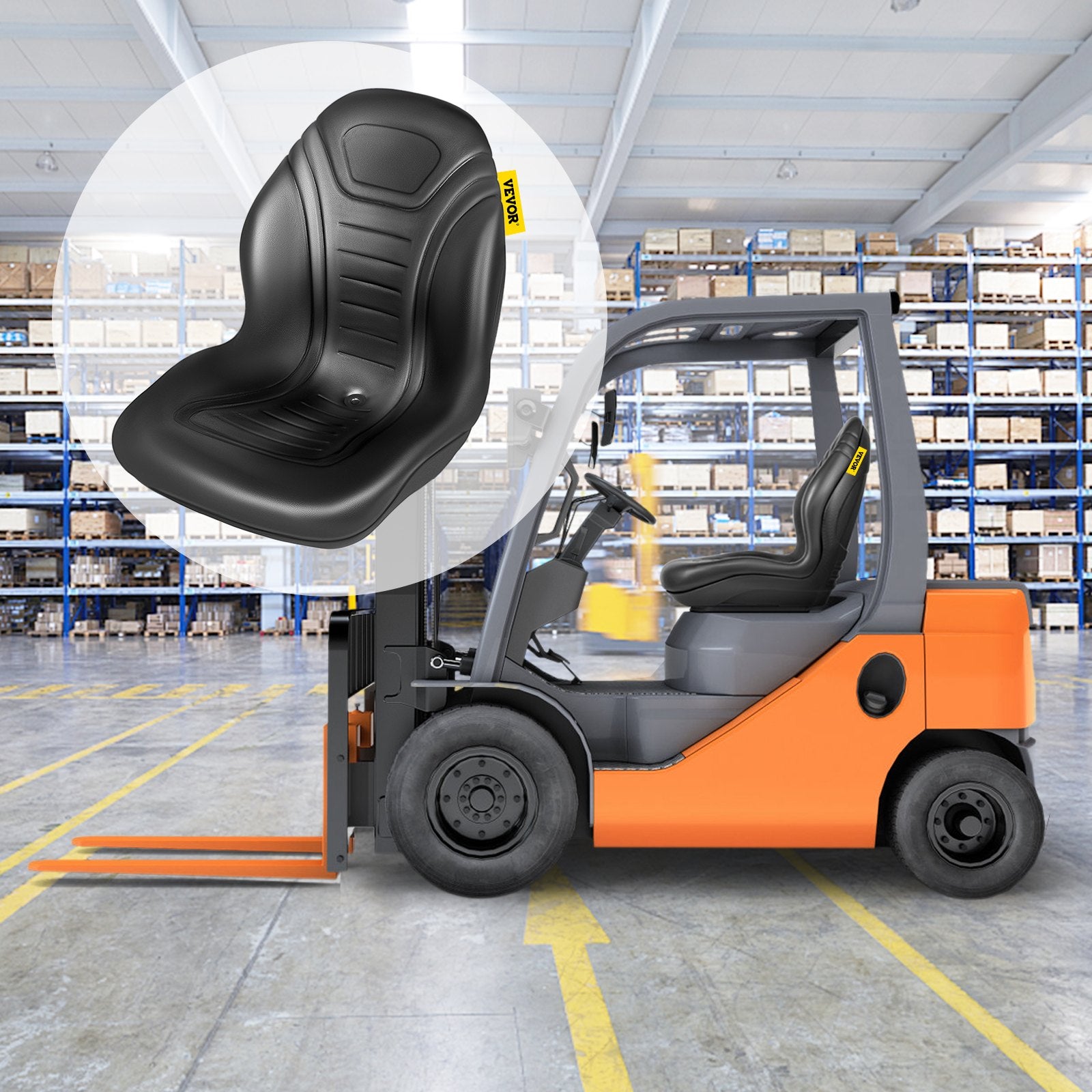 VEVOR Universal Lawn Tractor Seat Replacement, Compact High Back Mower Seat, Black Vinyl Forklift Seat, Central Drain Hole Skid Steer Seat with Mounting Bolt Patterns of 8" x 11.5" & 11.25" x 11.5" 5