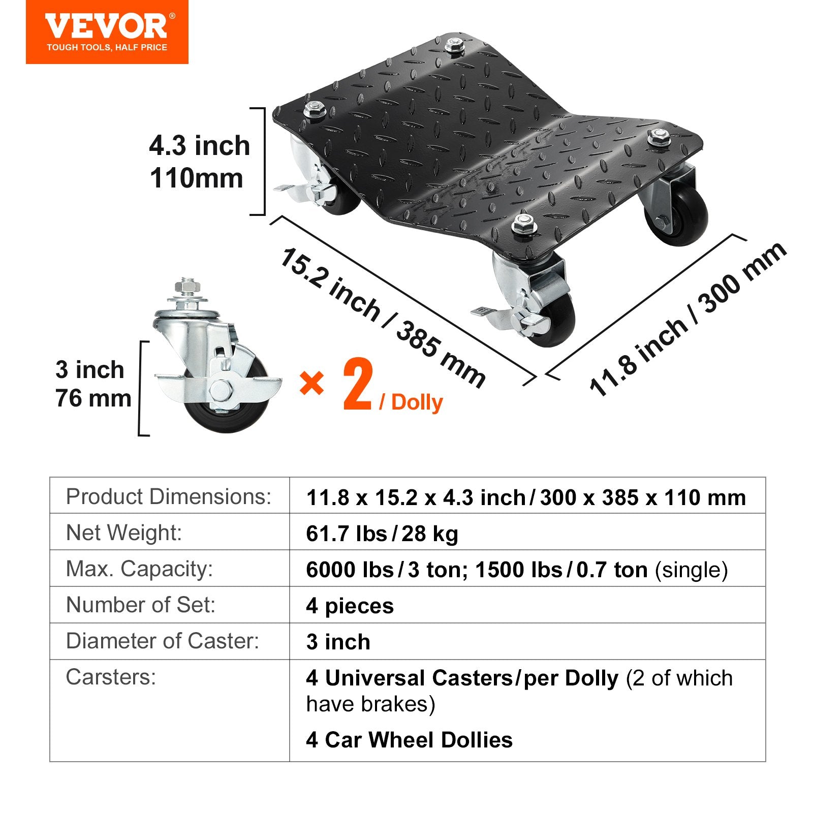 VEVOR Car Dolly Wheel Tire Dolly 4 PCS Heavy Duty Skate Auto Repair Dolly 6000LB 7