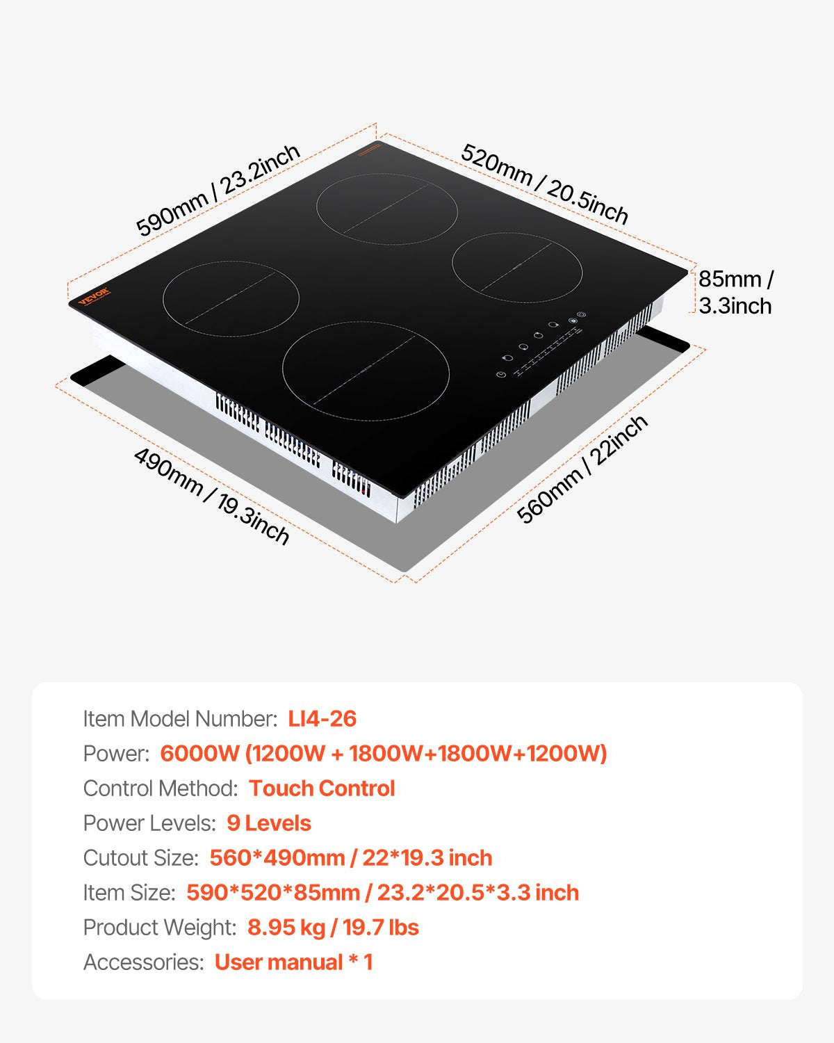 VEVOR 6000W 4 Burner Induction Cooktop Electric Countertop Burner Touch Control 7