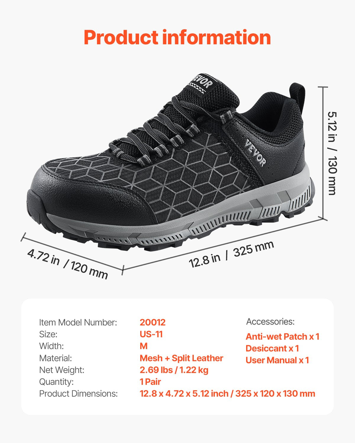 VEVOR Steel Toe Shoes for Men US Size 11 Athletic Work Shoe Sneakers Black 7