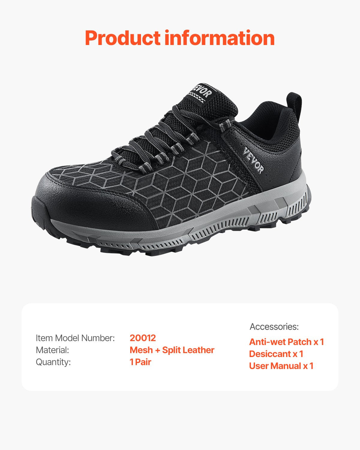 VEVOR Steel Toe Shoes for Men US Size 9 Athletic Work Shoe Sneakers Black 7