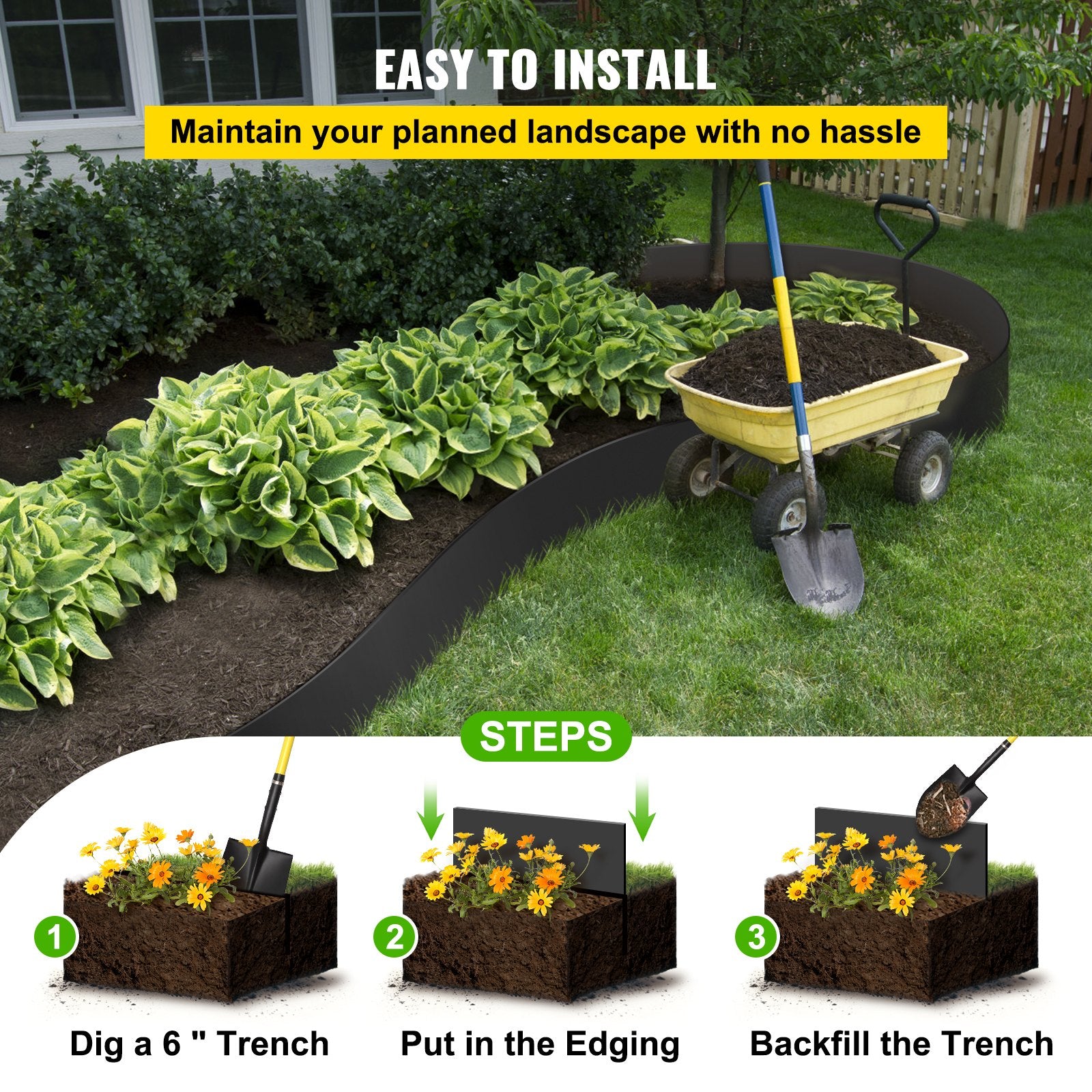 VEVOR Landscape Edging, 25.4cm Depth 91.44m Total Length, Recycled HDPE Coiled Terrace Board, Flexible Bender Border for Landscaping, Lawn, Garden, Yard, Against Invading Weeds, Black 6