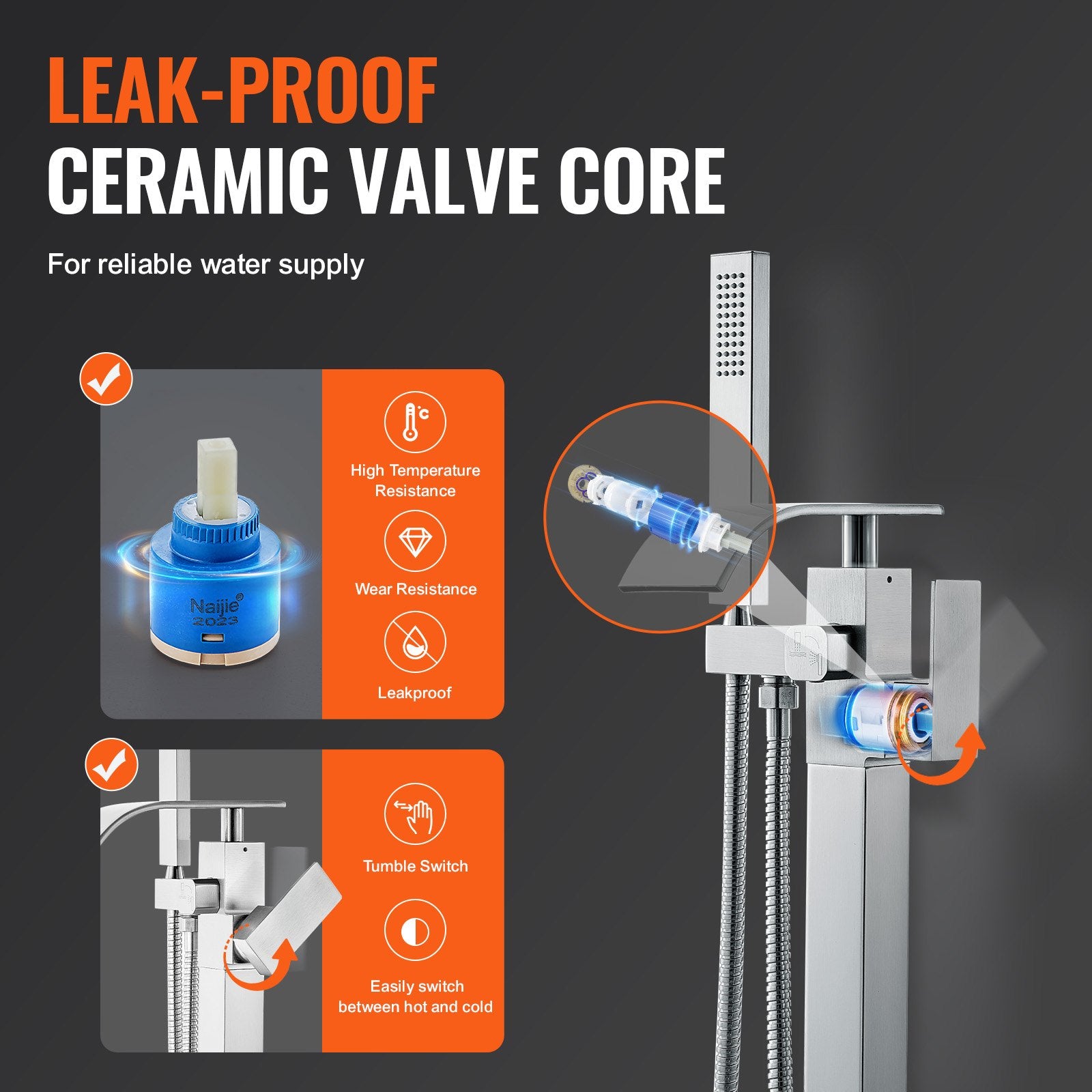 VEVOR Freestanding Bathtub Faucet, Floor Mount, Freestanding Tub Filler, Shower Mixer Taps, Two Water Modes, Swivel Spout, for Bathing & Showering Pet Bathing Cleaning Drains Toilet Flushing 3