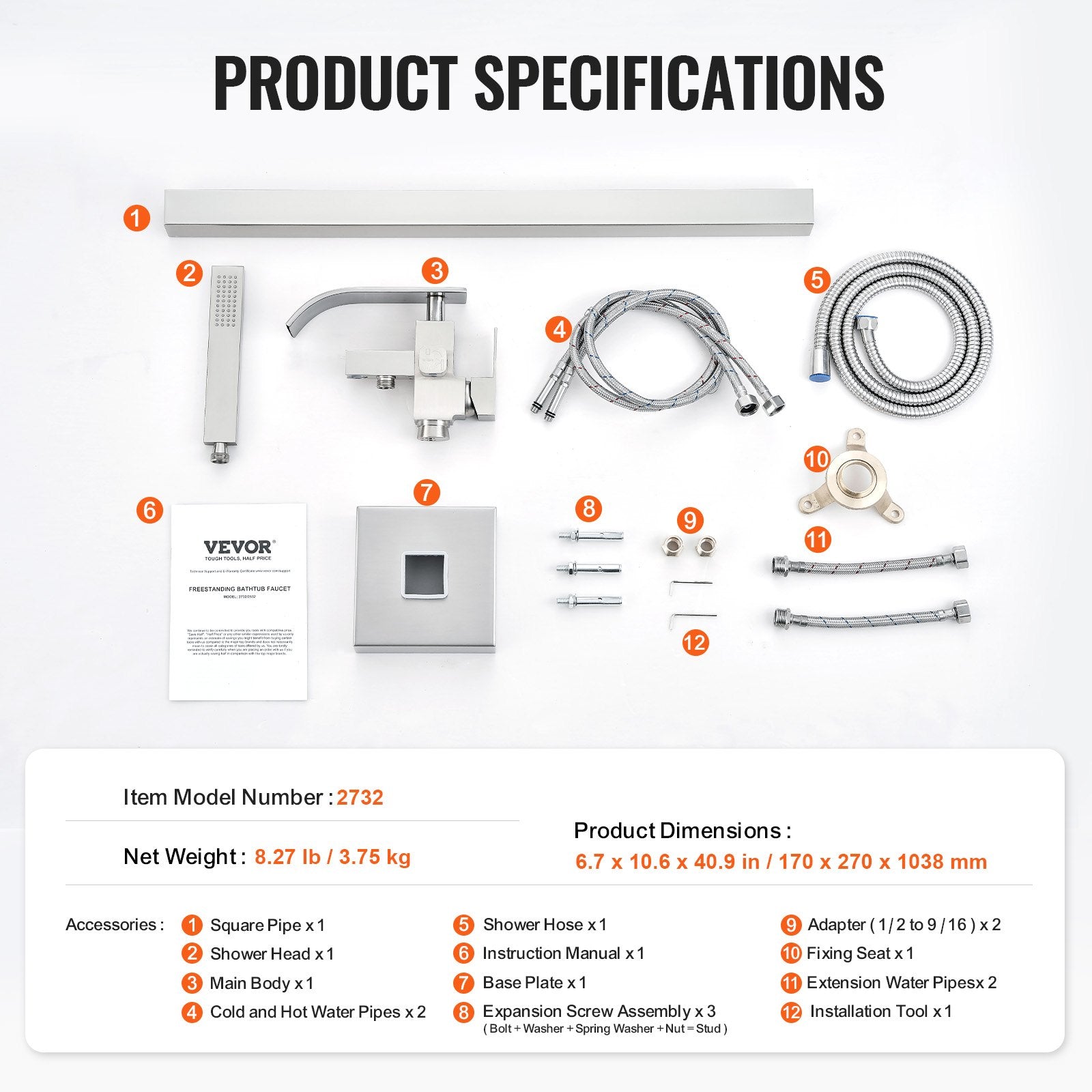 VEVOR Freestanding Bathtub Faucet, Floor Mount, Freestanding Tub Filler, Shower Mixer Taps, Two Water Modes, Swivel Spout, for Bathing & Showering Pet Bathing Cleaning Drains Toilet Flushing 7