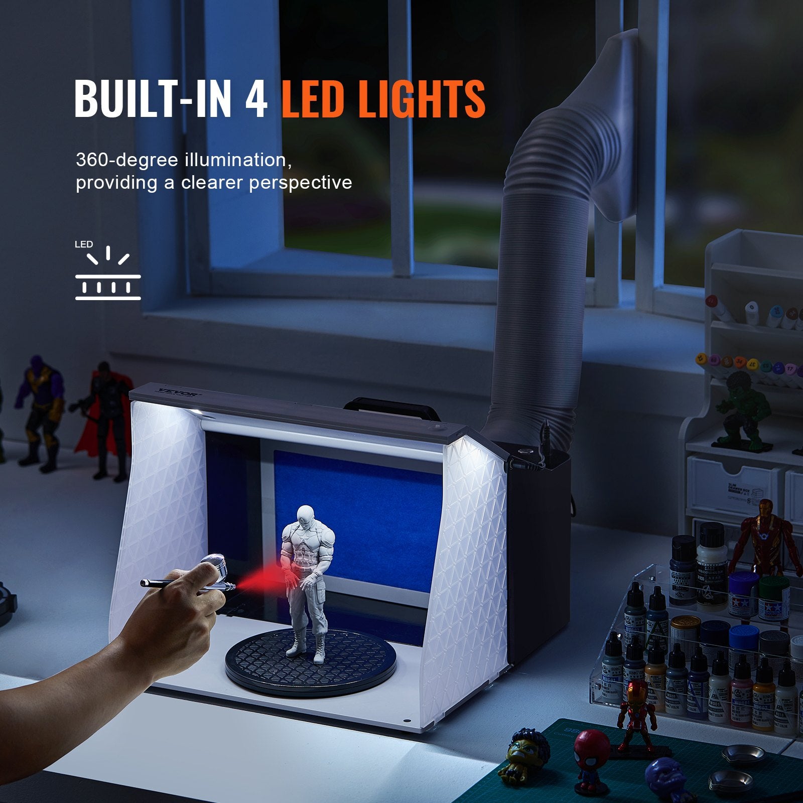 VEVOR Airbrush Spray Booth, Portable Hobby Airbrush Paint Spray Booth Kit with 4 LED Light, Powerful Dual Exhaust Fans, Turntable and 6 ft Extension Hose, for Painting Models, Arts, Crafts, Cakes 4