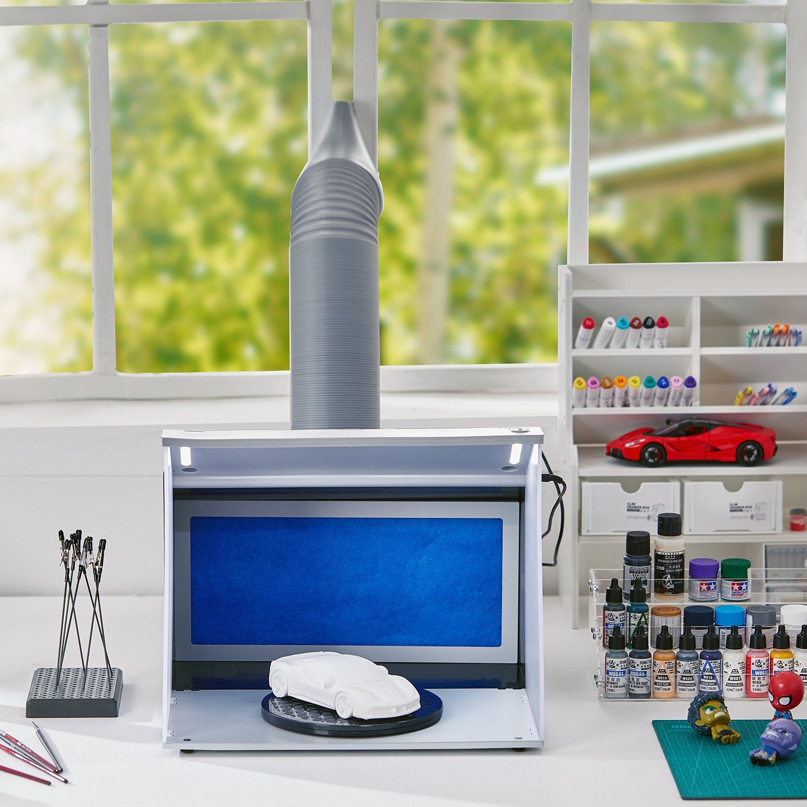 VEVOR Airbrush Spray Booth, Portable Hobby Airbrush Paint Spray Booth Kit with 4 LED Light, Powerful Dual Exhaust Fans, Turntable and 6 ft Extension Hose, for Painting Models, Arts, Crafts, Cakes 8