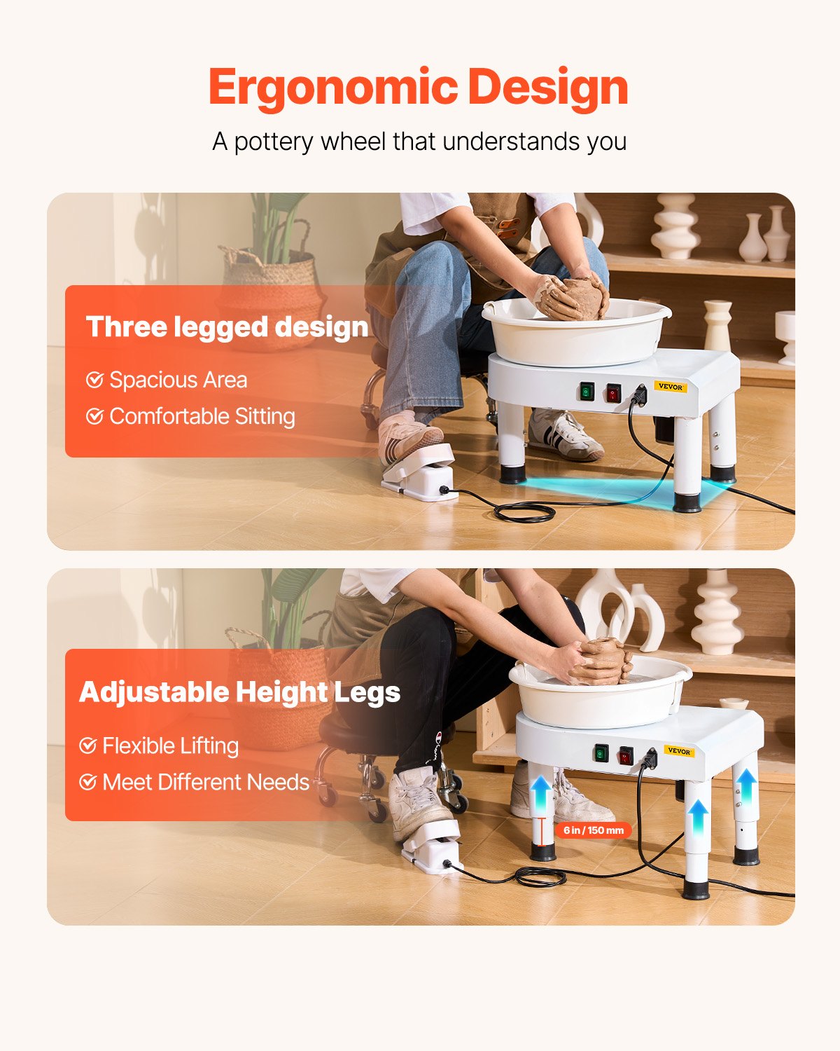 VEVOR Pottery Wheel, 28 cm Ceramic Wheel Forming Machine, 60-300 RPM Speed Adjustable Foot Pedal, Adjustable Lift Leg, Detachable Basin, Complete Tool Accessory Kit for Work Art Craft DIY, White 3